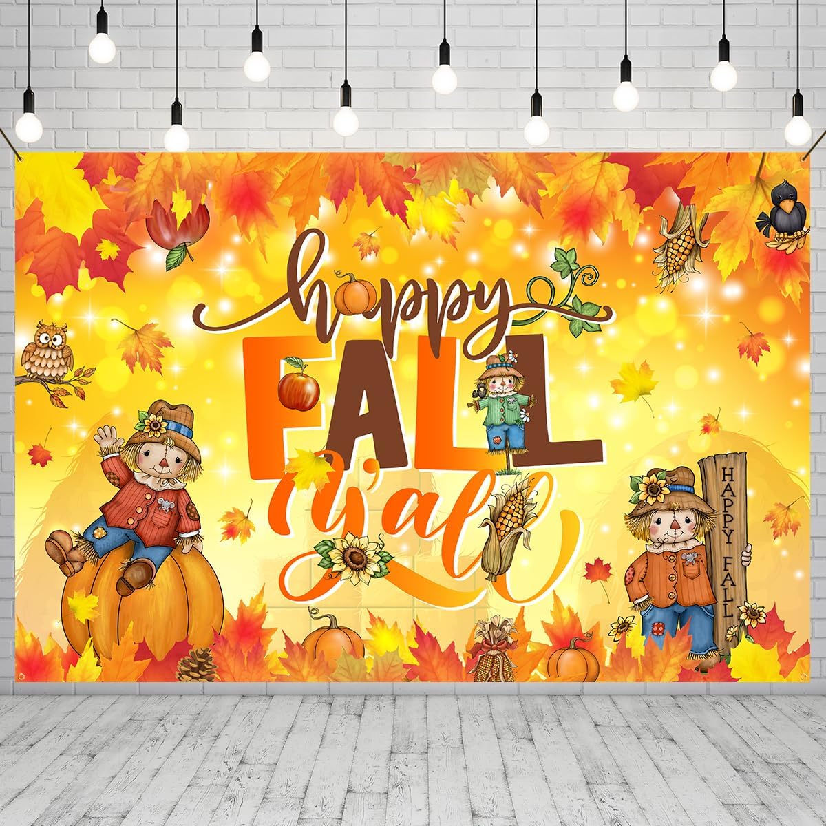 Cartón de fondo con texto en inglés Happy Fall Y’all, decoración de fiesta de Acción de Gracias, hojas de arce, calabaza, fondo de fotos para