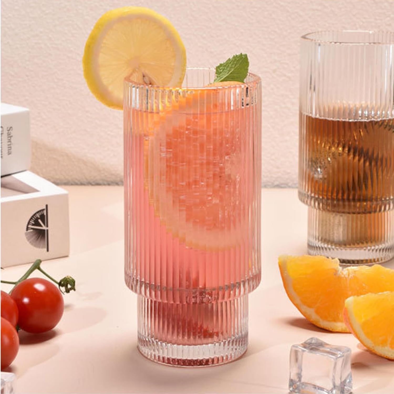 XKXKKE Juego de 6 vasos de bebida acanalados de 12 onzas, cristalería transparente vintage para café helado, vasos altos para cola de coocktail,