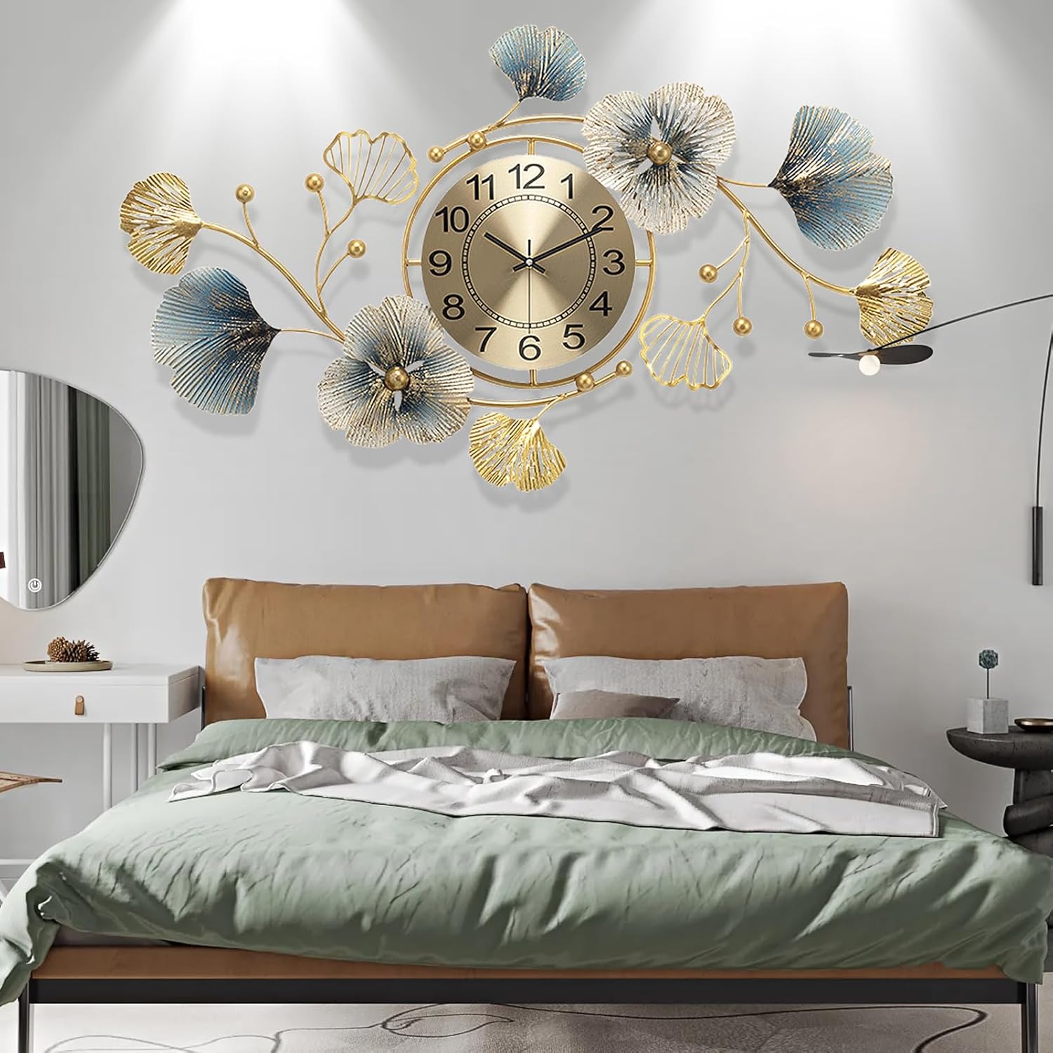 Reloj de pared grande de 33 pulgadas, silencioso, sin tictac, decorativo, de metal, hoja de ginkgo, diseño único, reloj de pared elegante para sala