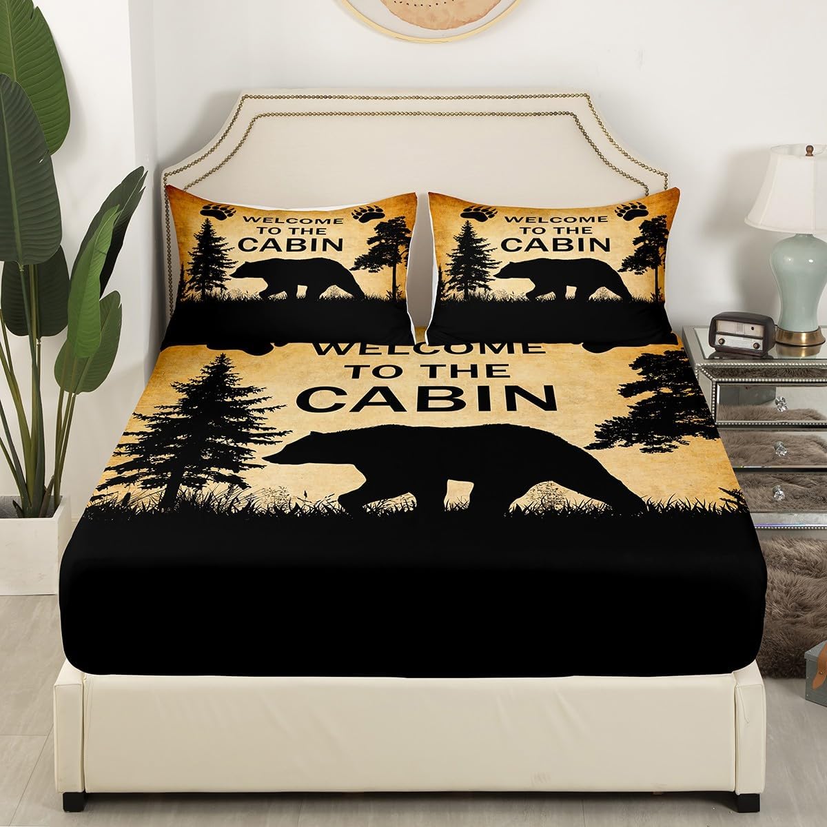 Juego de sábanas bajeras de oso rústico, tamaño Queen, juego de sábanas de bosque de granja, juego de ropa de cama para campamento y caza, funda de