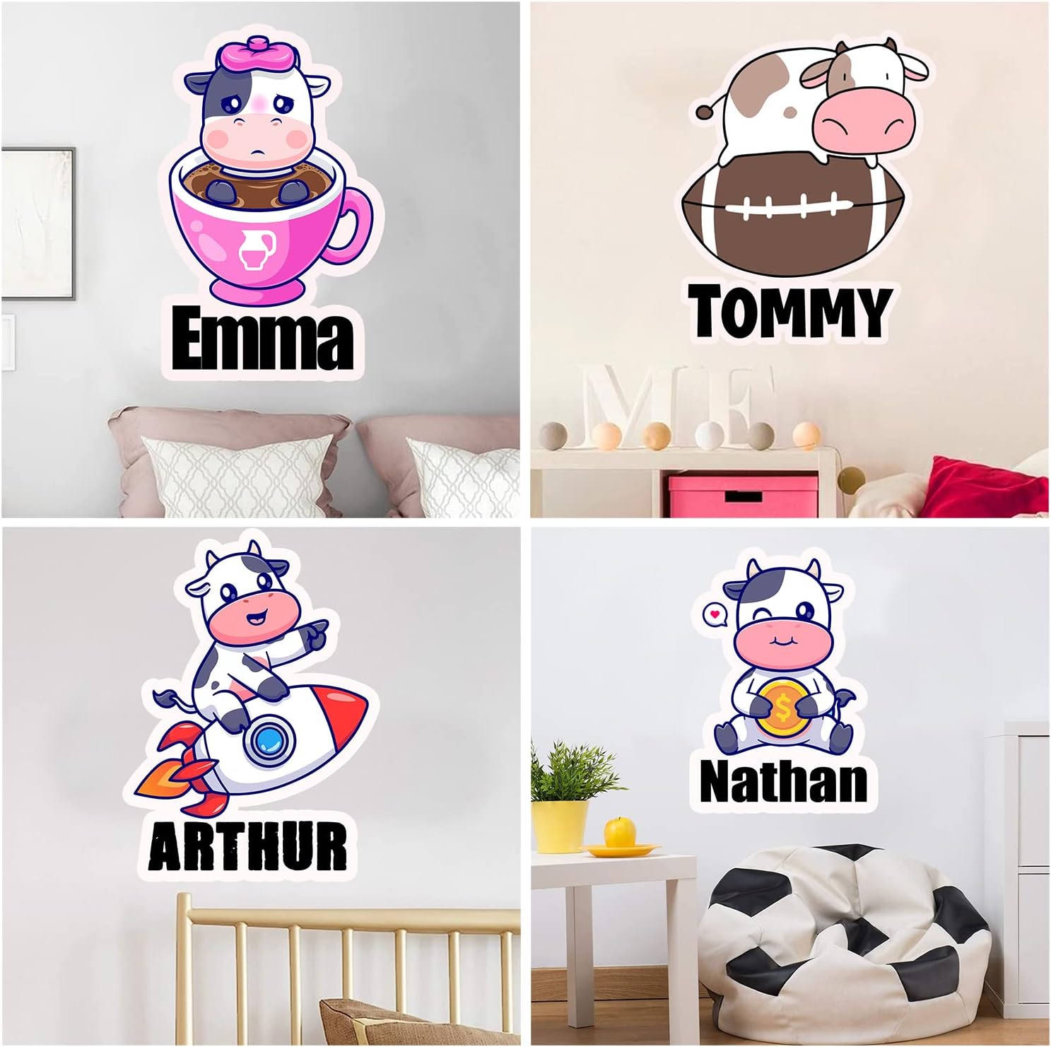 Calcomanías de pared de vaca personalizadas para decorar el dormitorio de los bebés, niños y niñas, calcomanías de pared de vaca con nombre