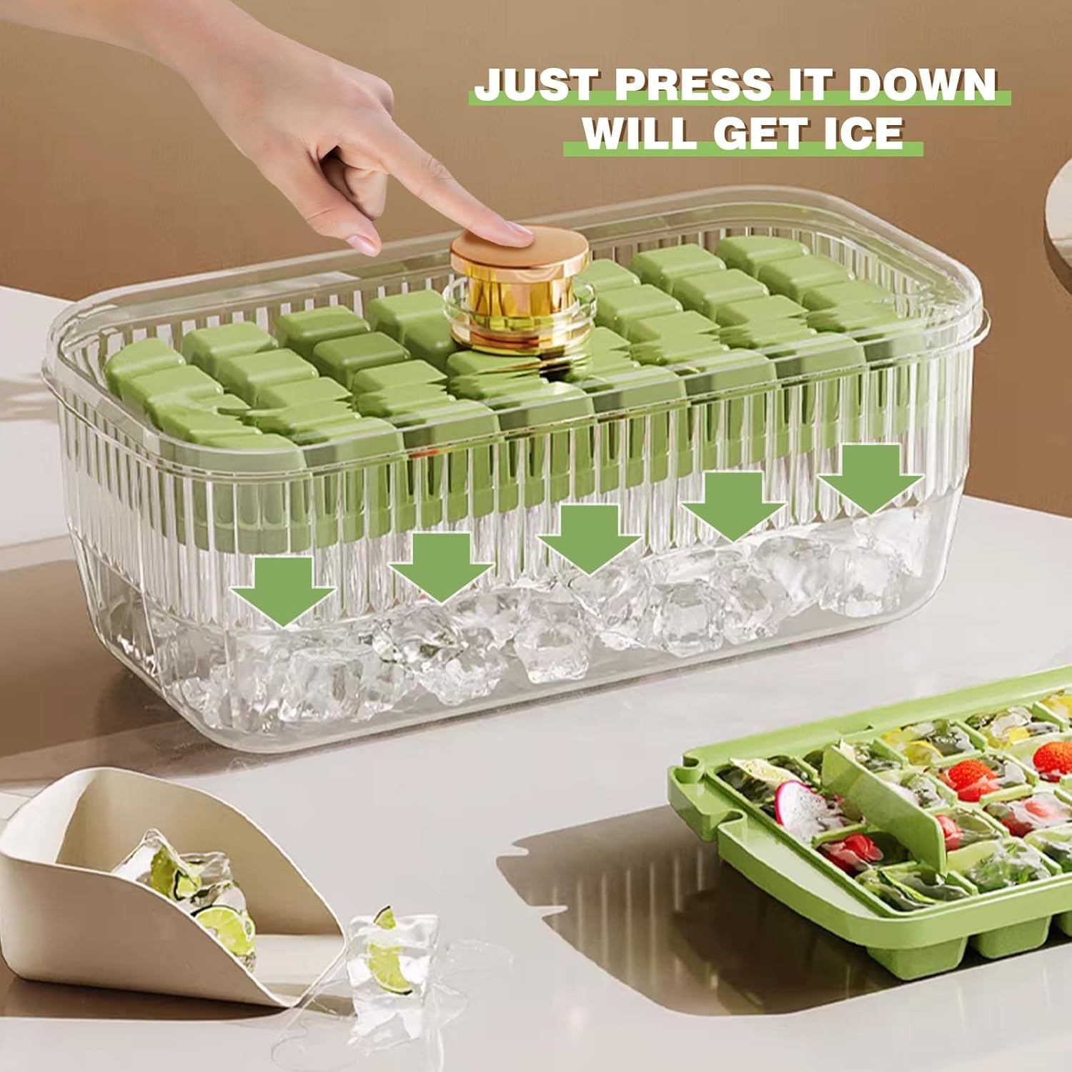 Bandeja para cubitos de hielo con tapa y contenedor, 64 bandejas de hielo para congelador con contenedor, bandeja para cubitos de hielo Doonly fácil