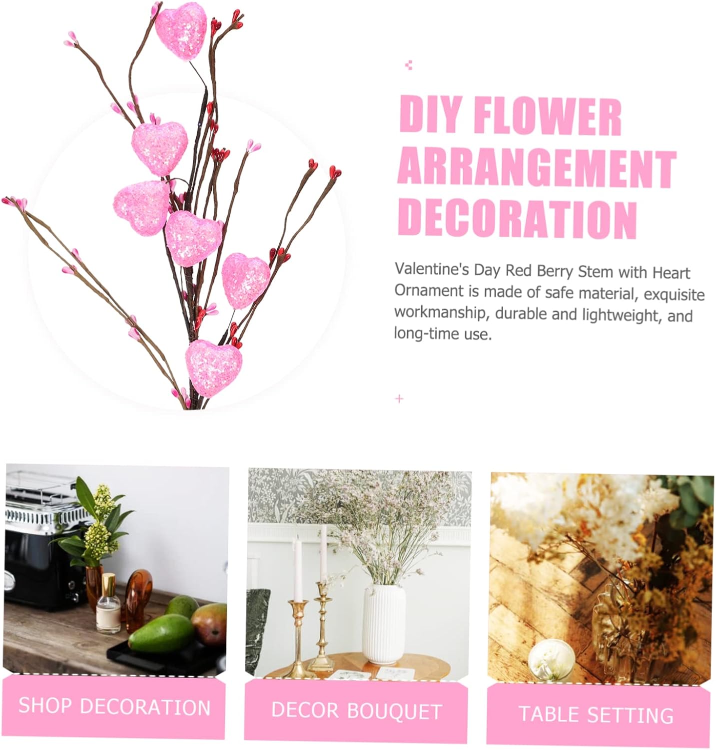 BESTOYARD 2 piezas de adornos de amor para decoración de corazón artificiales para San Valentín, selecciones florales de bayas falsas, tallos de