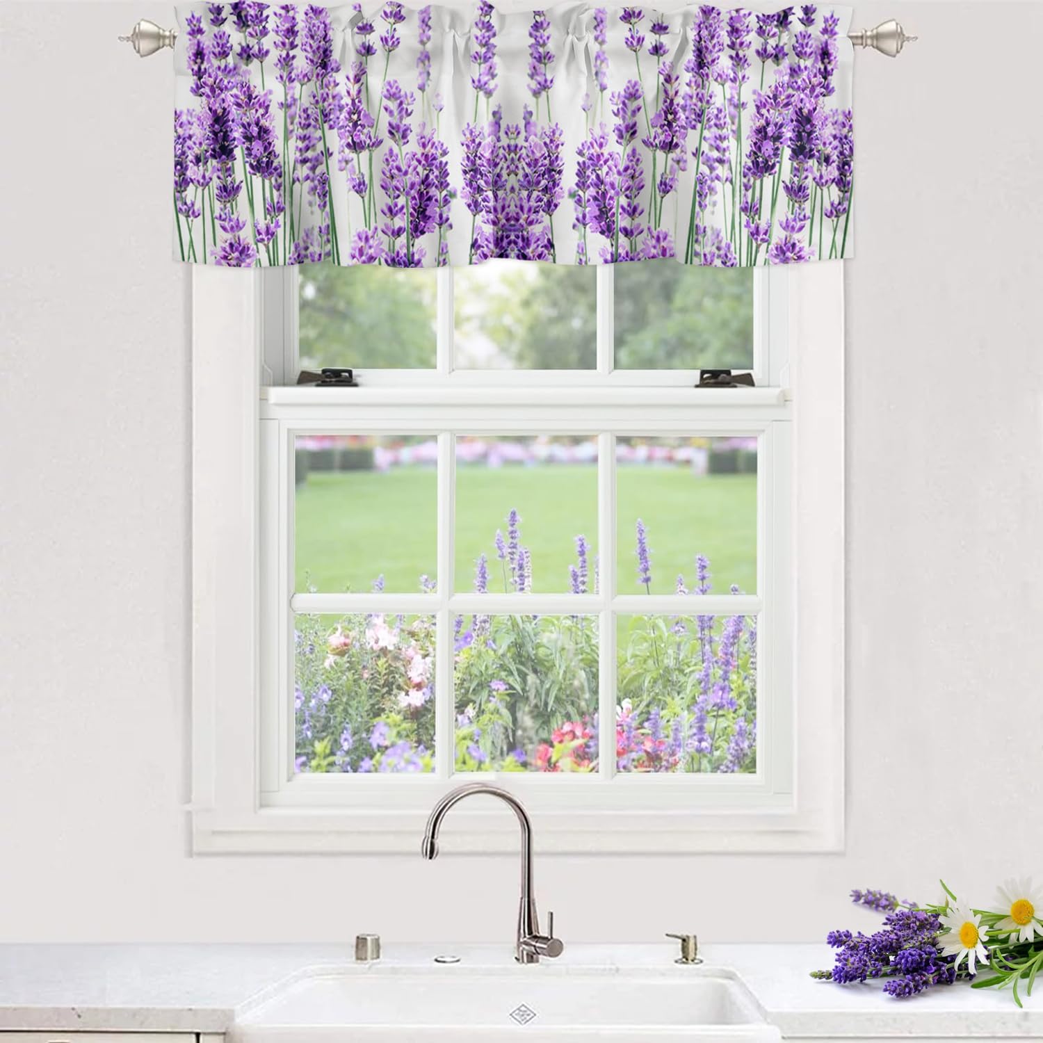 Cortina de cenefas de lavanda púrpura pastoral para cocina, cafetería, cenefa floral de primavera de 42 x 12 pulgadas, bolsillo para barra, cortinas