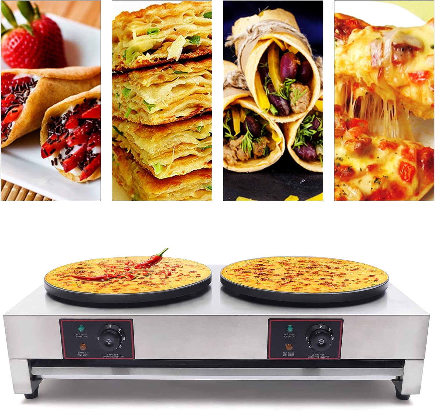 Máquina eléctrica de crepas de 16 pulgadas, máquina comercial antiadherente doble para hacer crepes para panqueques, estufa caliente de acero