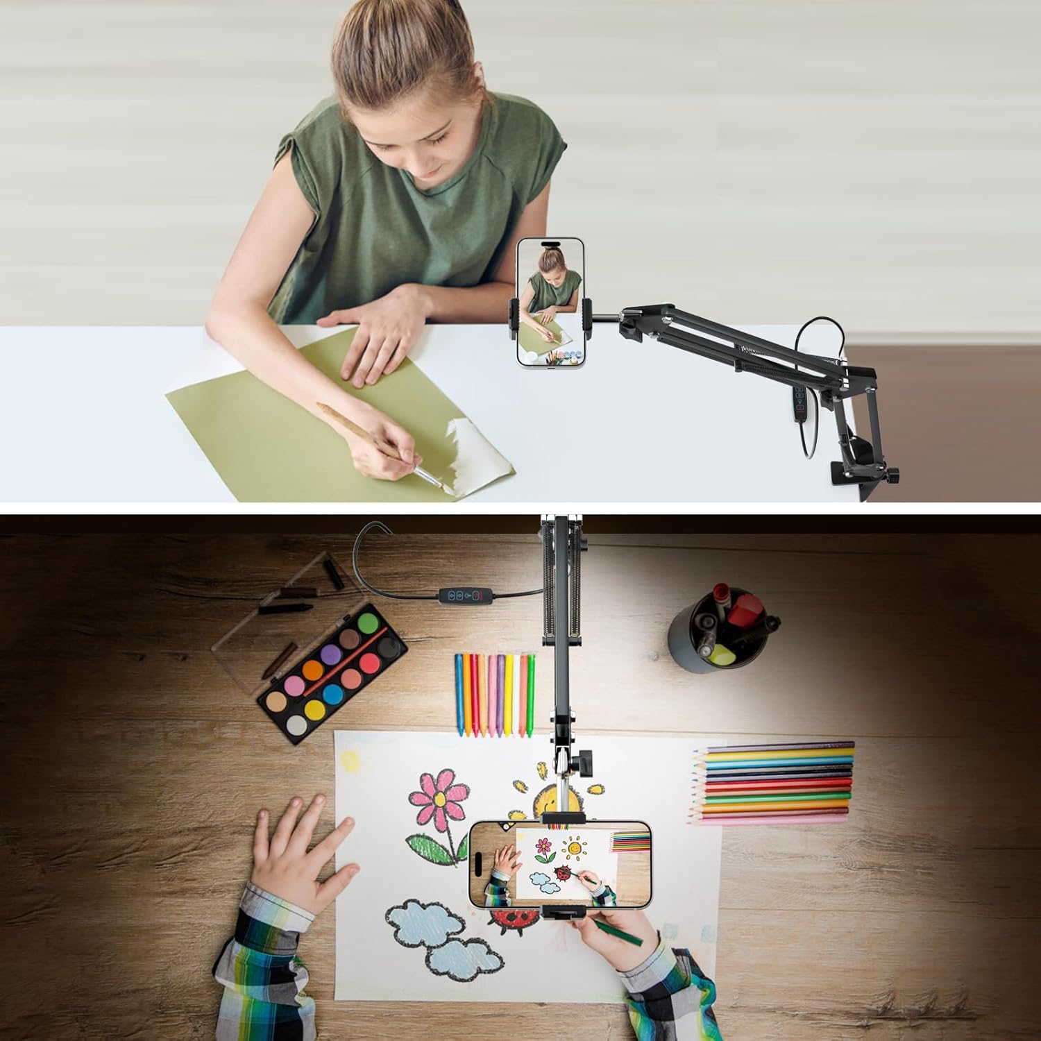 Soporte para teléfono celular, brazo articulado con luz LED USB, soporte flexible para transmisión en vivo, grabación de video, dibujo, cocina