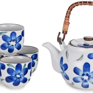 Hinomaru Collection Juego de té de porcelana de estilo japonés de 22 fl oz tetera con mango de ratán y 4 tazas de té de acero inoxidable (flor azul) Hinomaru Collection Juego de té de porcelana de estilo japonés de 22 fl oz tetera con mango de ratán y 4 tazas de té de acero inoxidable (flor azul)