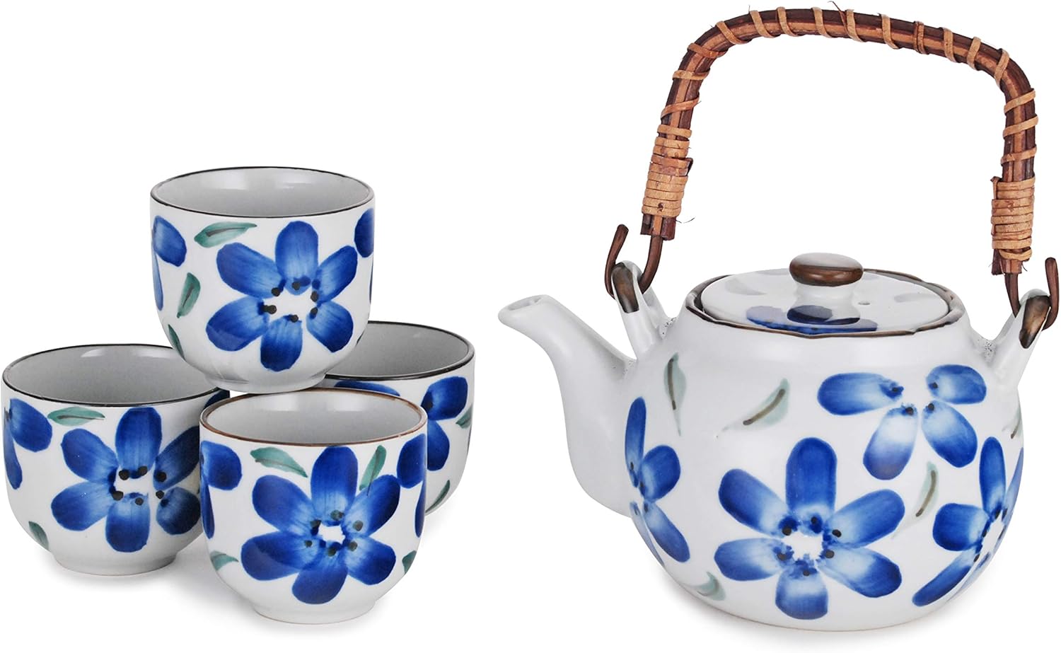 Hinomaru Collection Juego de té de porcelana de estilo japonés de 22 fl oz tetera con mango de ratán y 4 tazas de té de acero inoxidable (flor azul)