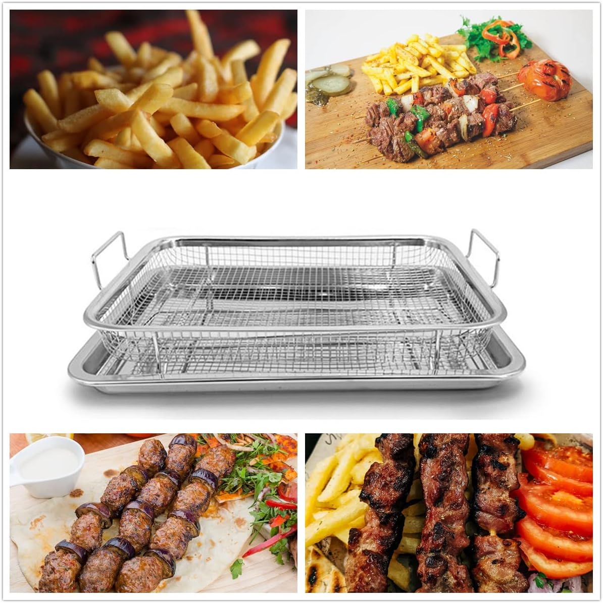 Cesta de acero inoxidable para freidora de aire para horno, bandeja para verduras de acero inoxidable y bandeja de sartén y recogedor de grasa,