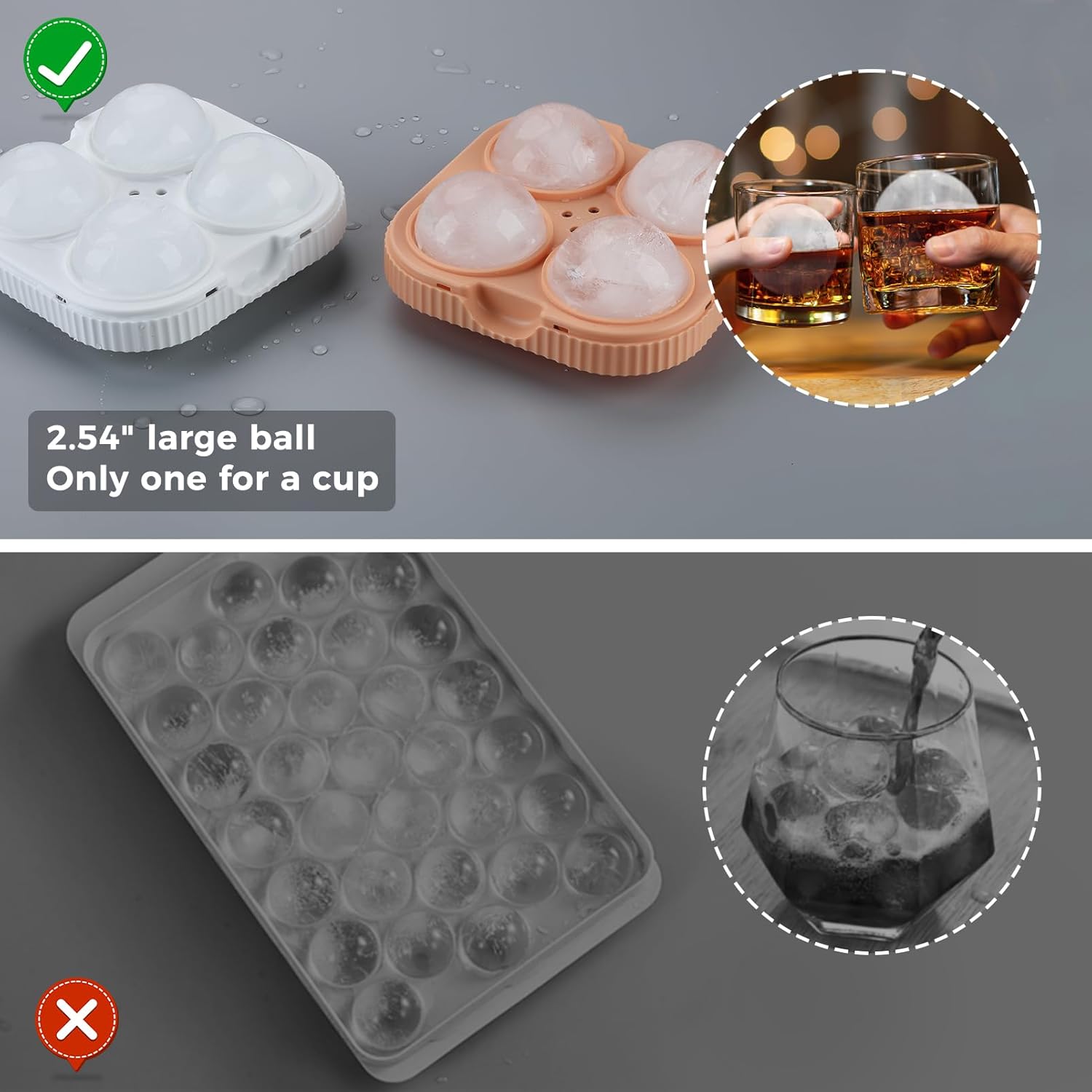Bandeja para cubitos de hielo, moldes redondos grandes de 2.54 pulgadas, fácil de liberar, perfecta para cócteles, whisky, bourbon, jugo, café