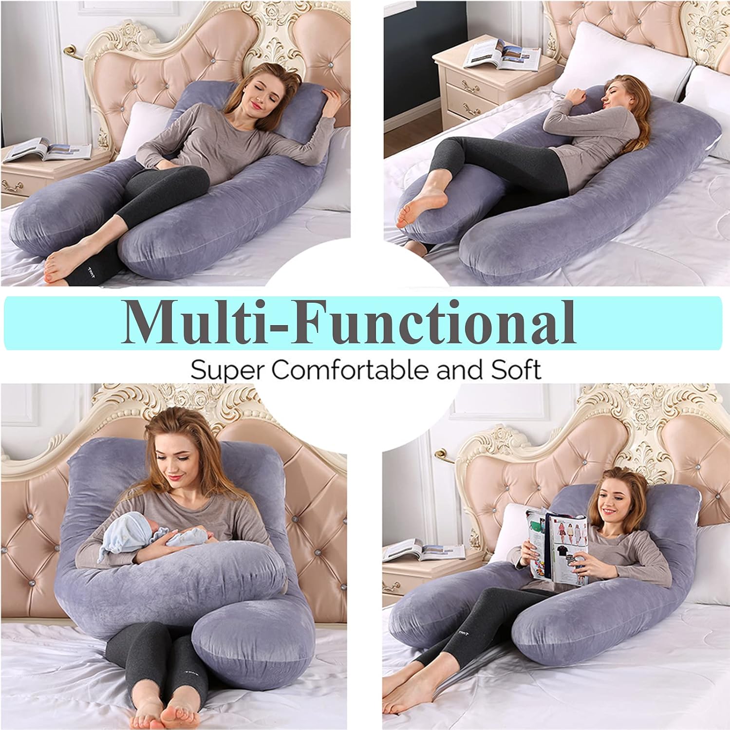 Almohada de embarazo, almohada de cuerpo completo en forma de U con funda extraíble de terciopelo, almohada de cama múltiple de 51 pulgadas,