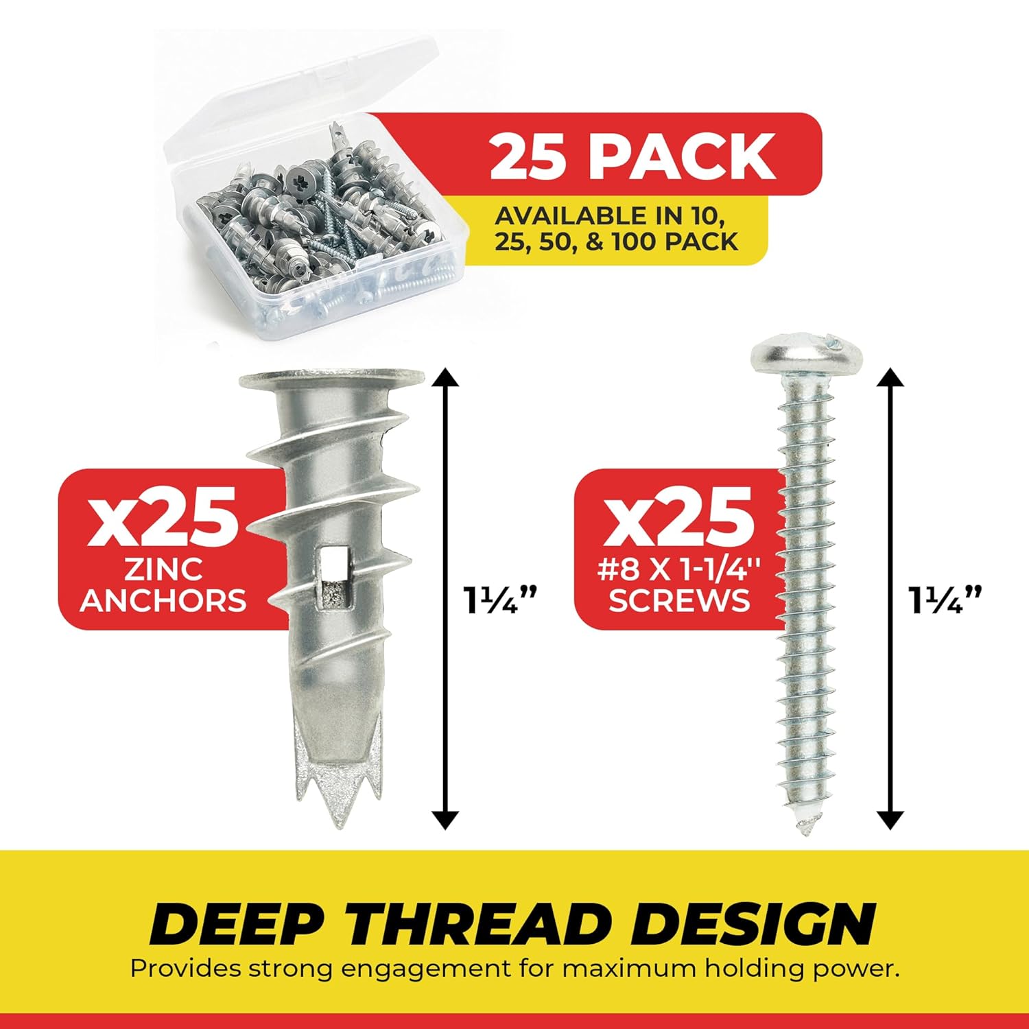 Qualihome Kit de anclaje de pared hueca de zinc autoperforante con tornillos, anclajes de metal autoperforantes para paneles de yeso con aletas de