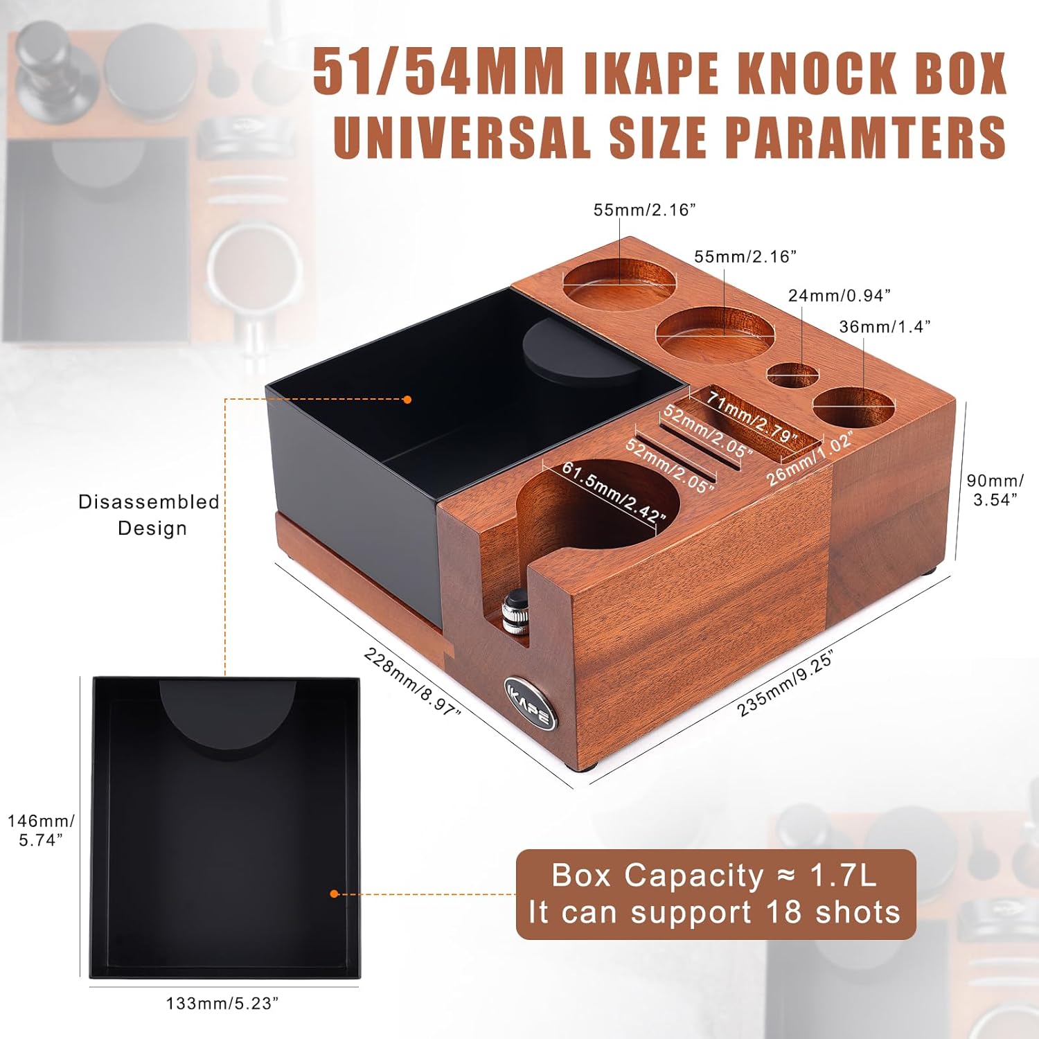 IKAPE V5 – Caja organizadora de café expreso para almacenamiento de 2.008 in, distribuidor, portafiltro y accesorios de pantalla de disco, base de