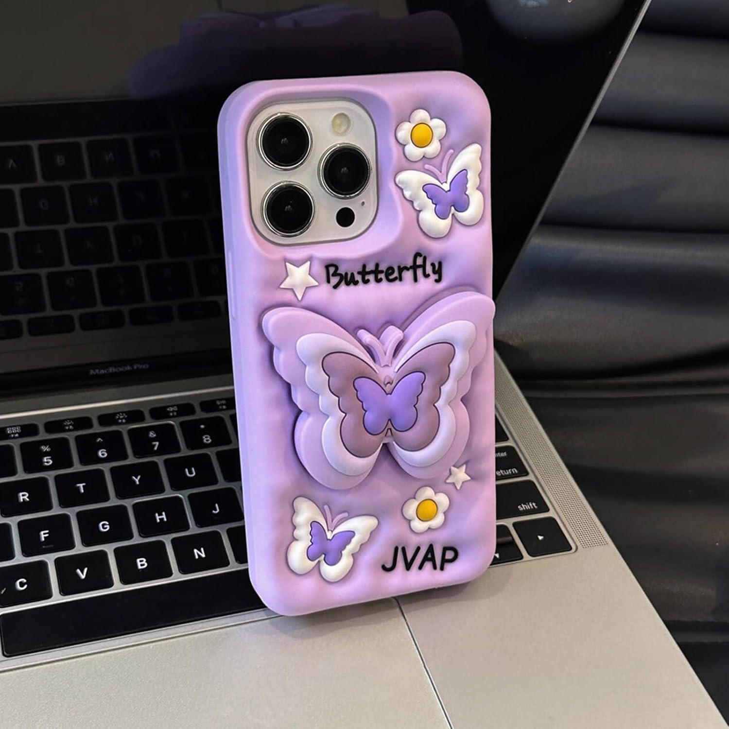 YWYUHE Funda de teléfono de mariposa morada compatible con iPhone 1314, bonita funda de mariposa de dopamina de Corea 3D con soporte telescópico de