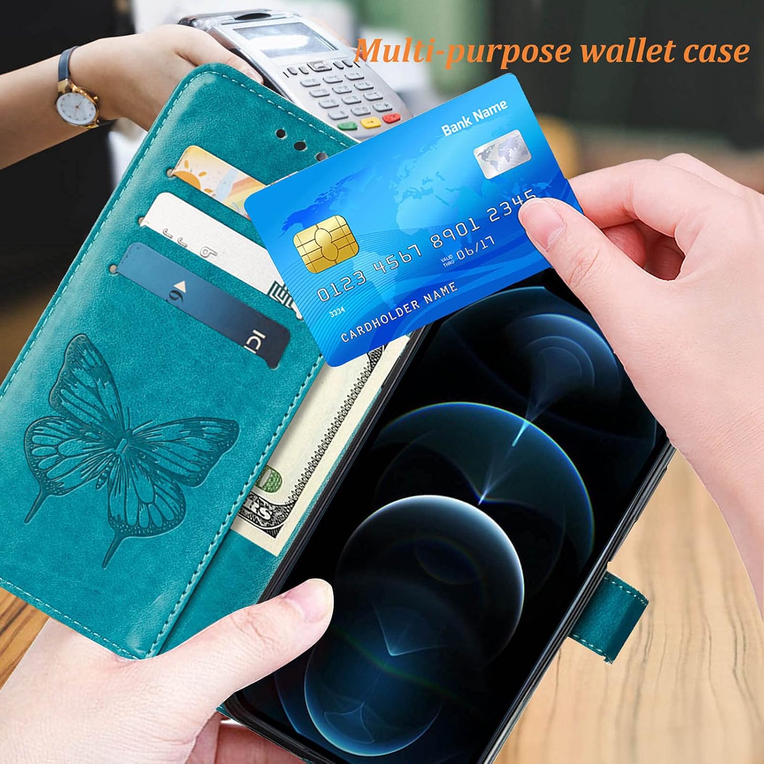 Funda tipo cartera compatible con iPhone 12  iPhone 12 Pro, función atril, correa de muñeca, ranuras para tarjetero, diseño floral de mariposa en