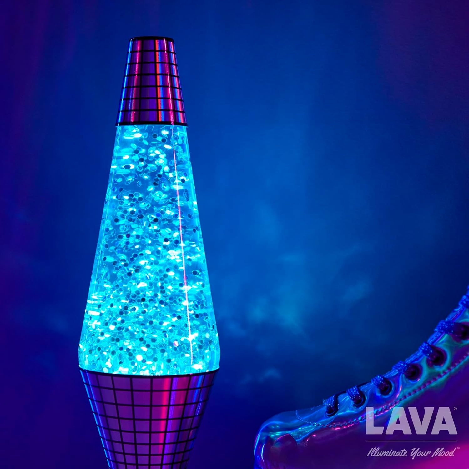 Lava Lámpara  Base Reflectante de Fiebre Disco de 14.5”  La Luz de Movimiento Original  Brillo Plateado y Líquido Azul  Artículo 2016
