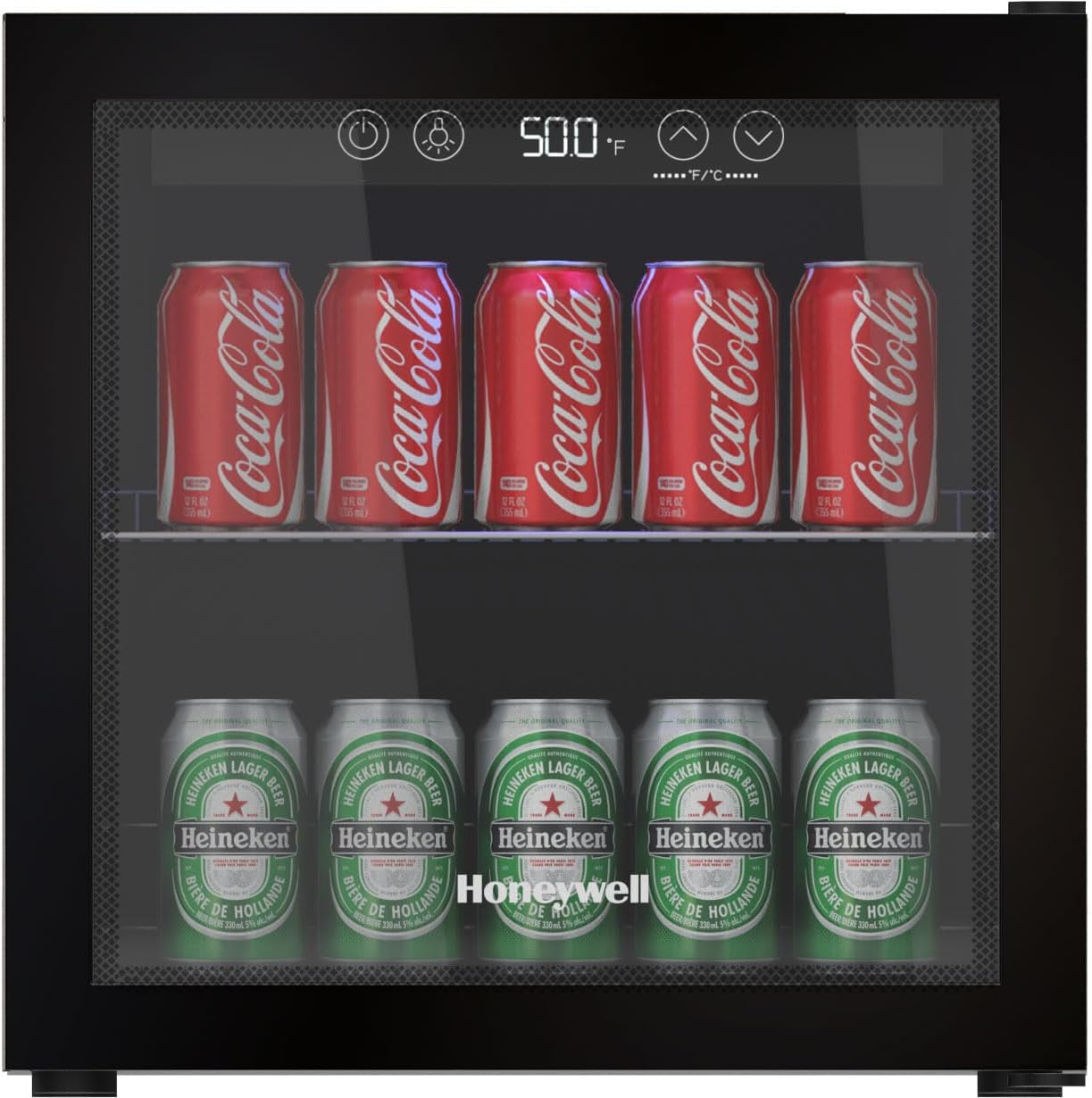 Honeywell Refrigerador y enfriador de bebidas, mini refrigerador de 48 latas con puerta de vidrio para cerveza de soda o vino para oficina o bar con