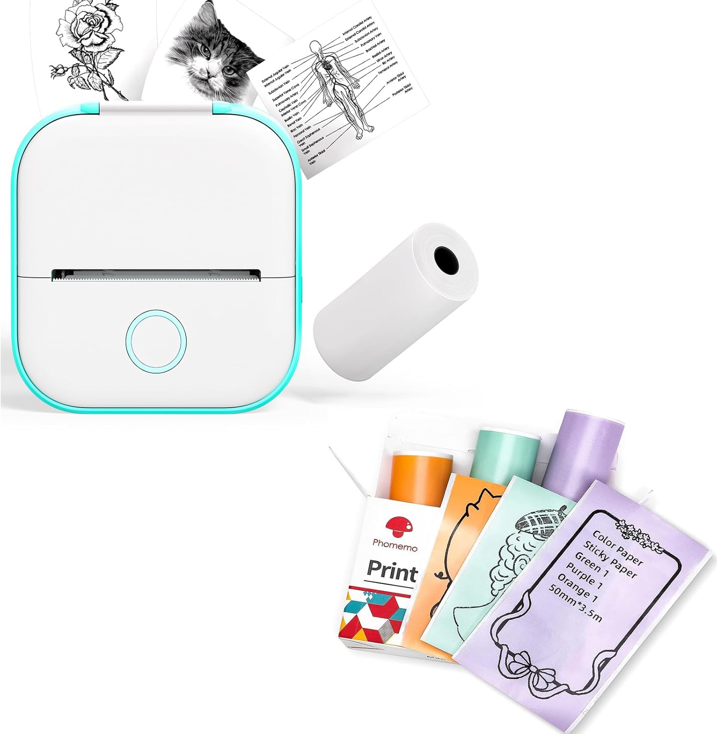 Phomemo T02 Impresora sin tinta con 3 rollos de papel, mini impresora de calcomanías para impresora Bluetooth térmica de bolsillo para notas de