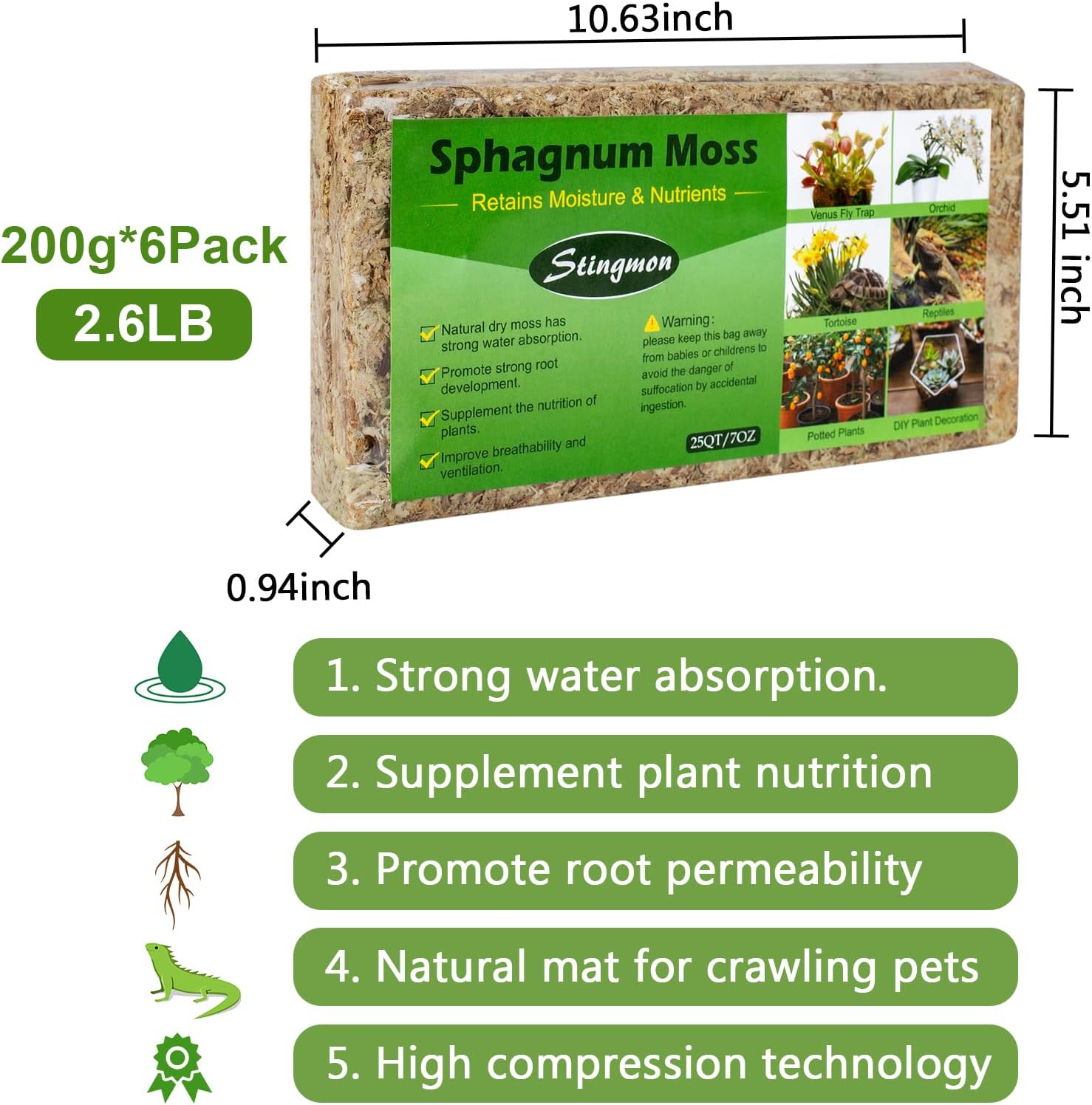 Musgo esfagnum de 2.6 libras para plantas, reptiles de musgo esfagnum para orquídeas para macetas, mezcla de tierra para plantas, musgo de turba,