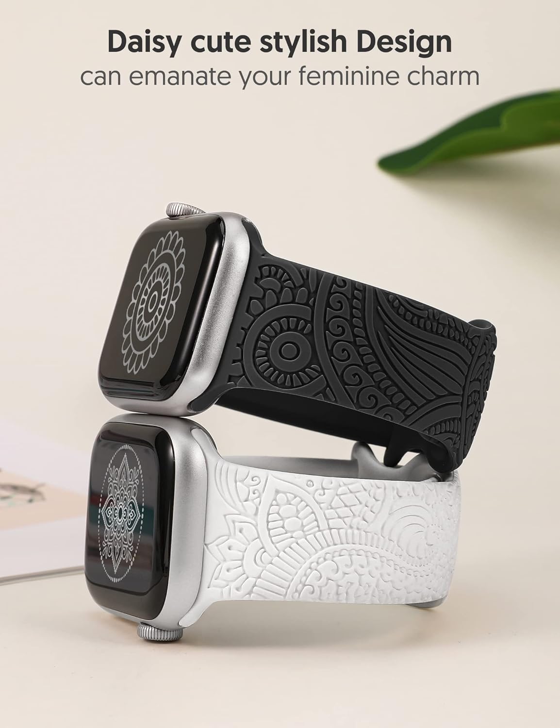 2 Packs Boho Engraved Bands Compatible with Apple Watch Bands 41mm 40mm 38mm 45mm 44mm 42mm 49mm Women Girls Men, Silicone Sport Fancy Dressy Cute
