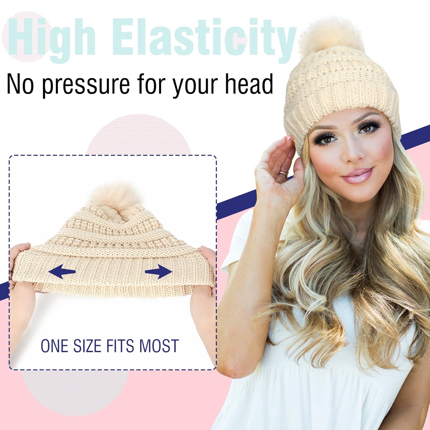 Gorro con peluca, gorro con cabello, extensiones largas onduladas, gorro de punto con pompones, 20 pulgadas, sintético, extraíble, para mujer,