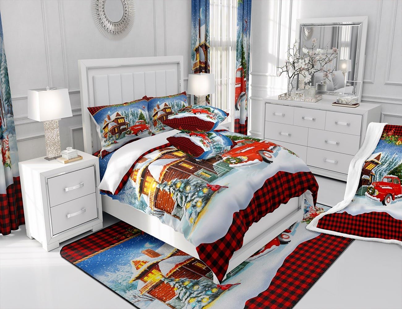 Juego de funda de edredón de Navidad para niños, tamaño King, juego de ropa de cama retro de camión rojo y vista de nieve de invierno, 3 piezas,