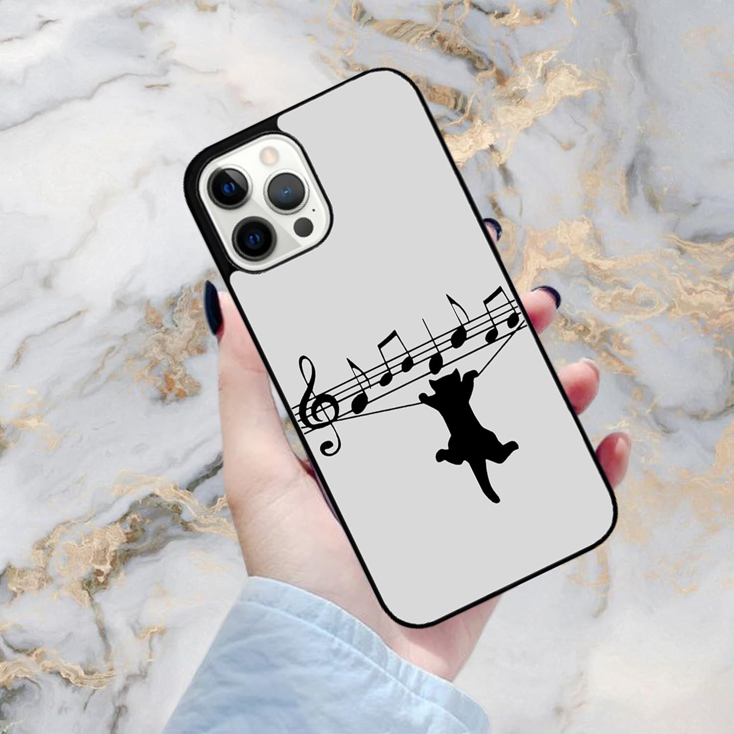 Funda estética de músico con notas musicales de color gris para amantes de los gatos negros, compatible con iPhone 14, funda delgada de goma TPU