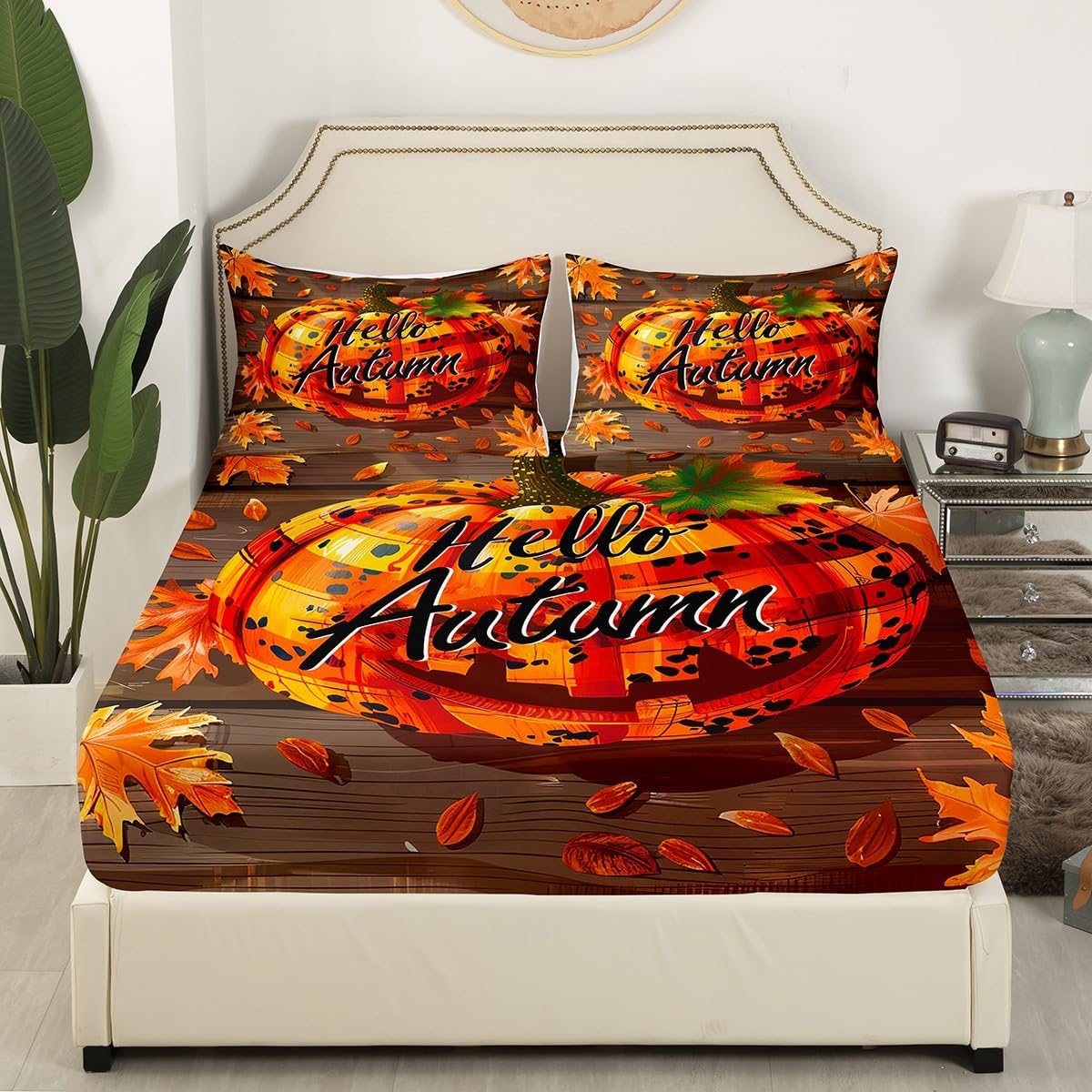 Manfei Sábana bajera ajustable de calabaza de otoño, tamaño matrimonial, funda de cama de calabaza de leopardo a cuadros con 2 fundas de almohada,