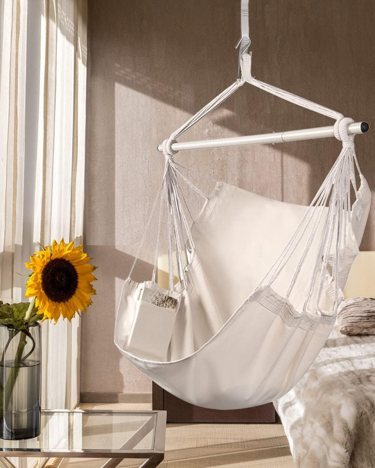 Hamaca para interior y dormitorio, con barra separadora de acero de 500 libras, con anillos antideslizantes, para interiores y exteriores