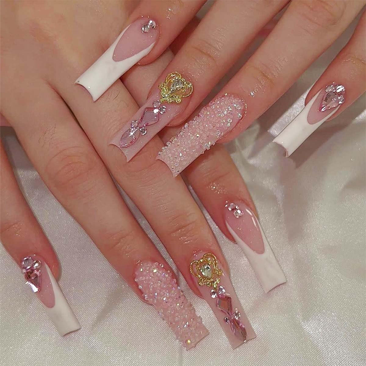 Uñas postizas largas cuadradas a presión con diamantes de imitación con diseño de amor, uñas postizas de punta francesa, uñas postizas acrílicas