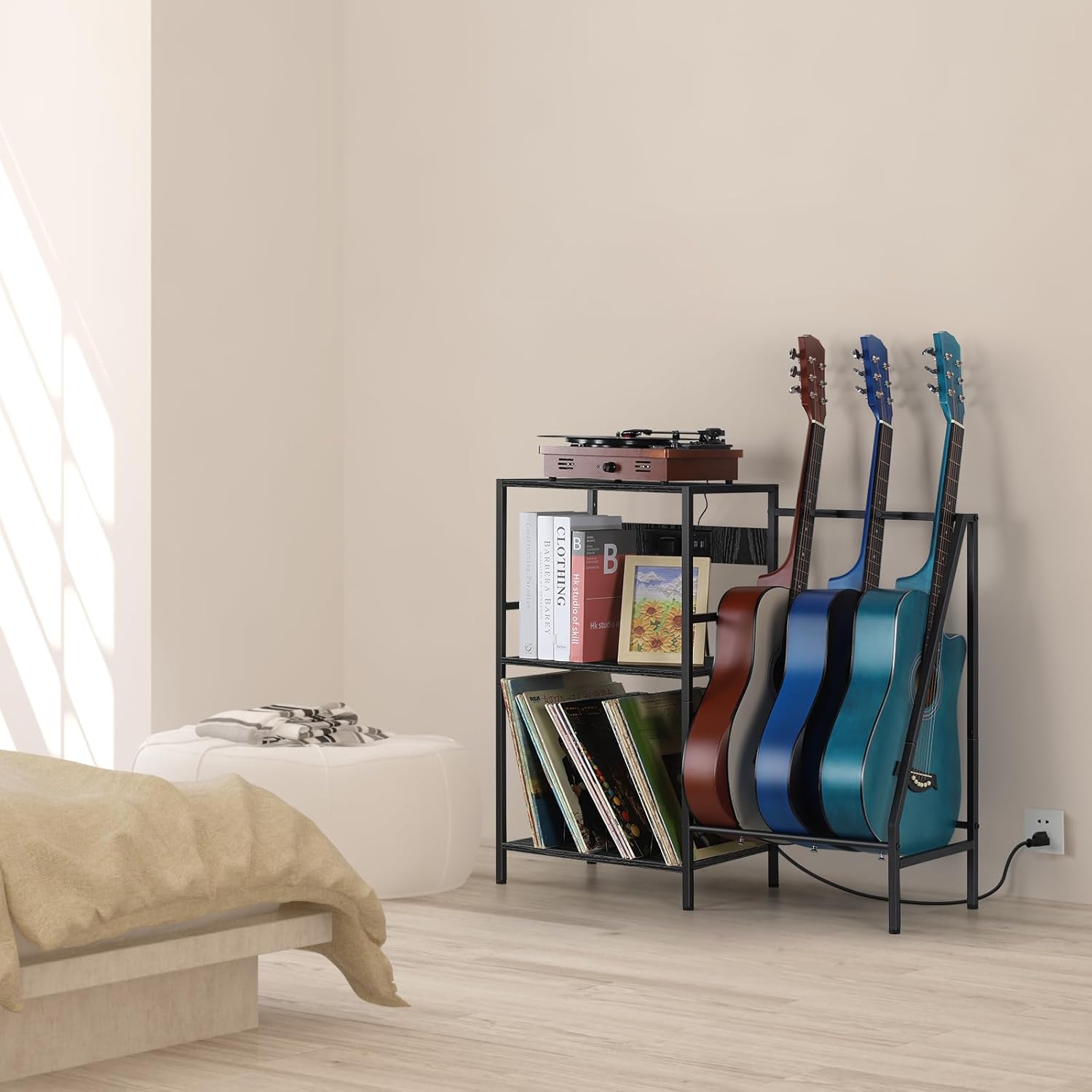 Soporte para guitarra, soporte para tocadiscos, soporte para guitarra con estación de carga, soporte de exhibición de guitarra con almacenamiento de