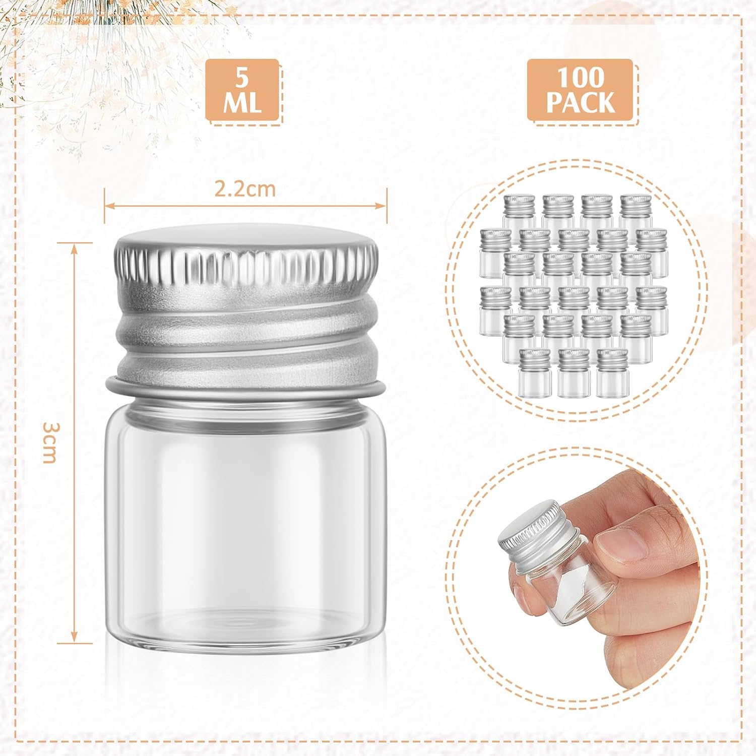 Tessco 100 mini botellas de vidrio de 0.2 onzas líquidas con tapas de rosca, frascos pequeños de vidrio vacíos con tapas de aluminio, recipiente
