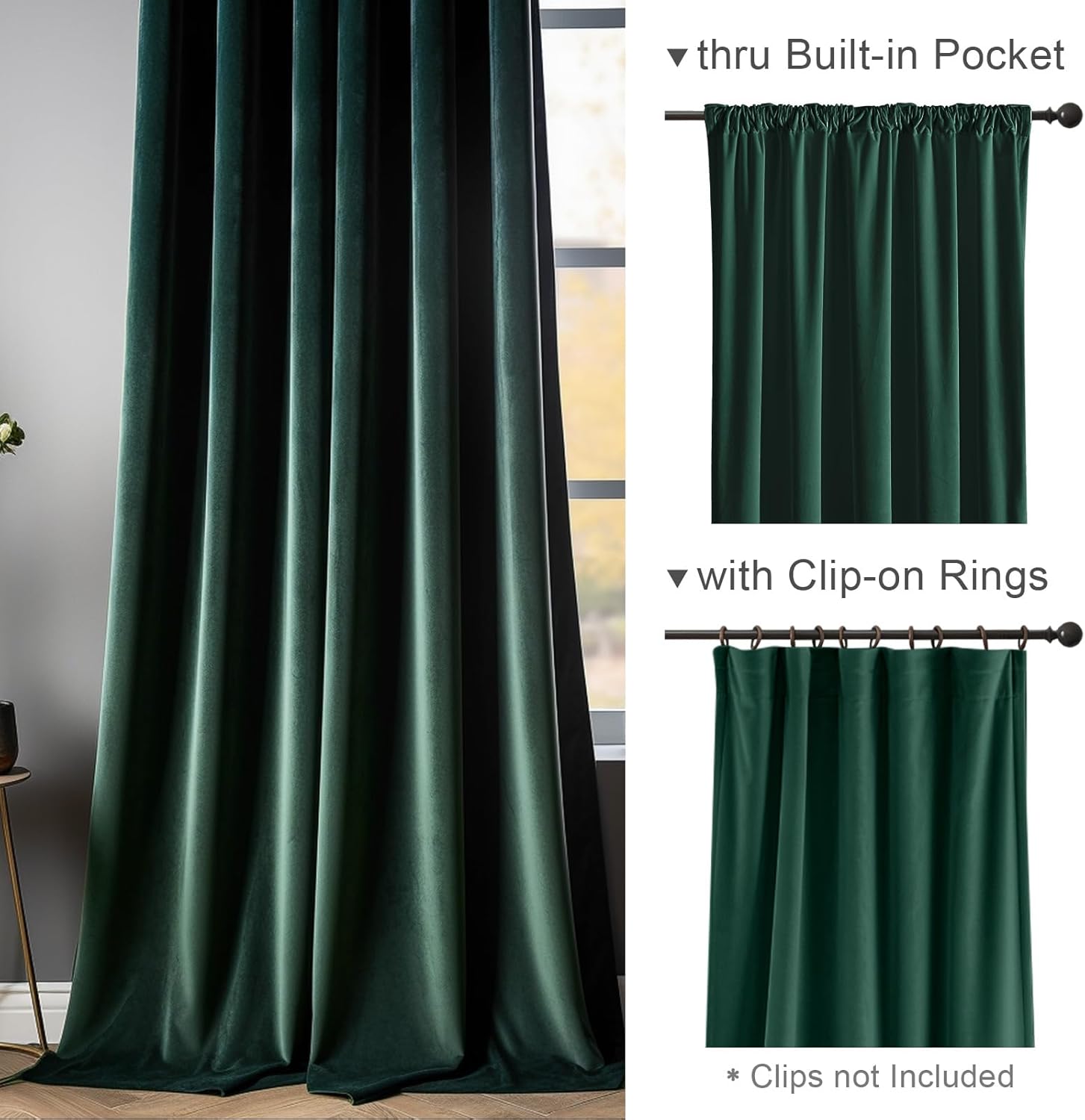 Lazzzy Cortina opaca de terciopelo verde con aislamiento térmico para dormitorio, sala de estar, oscurecimiento de privacidad, cortinas de