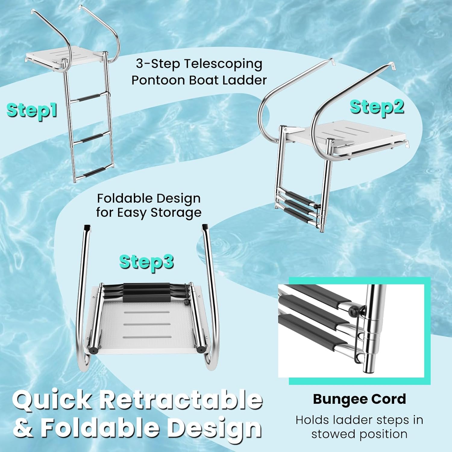 Goplus Escalera de barco con plataforma de natación de 3 escalones, escalera plegable telescópica con pasamanos, 3 pasos antideslizantes, escalera