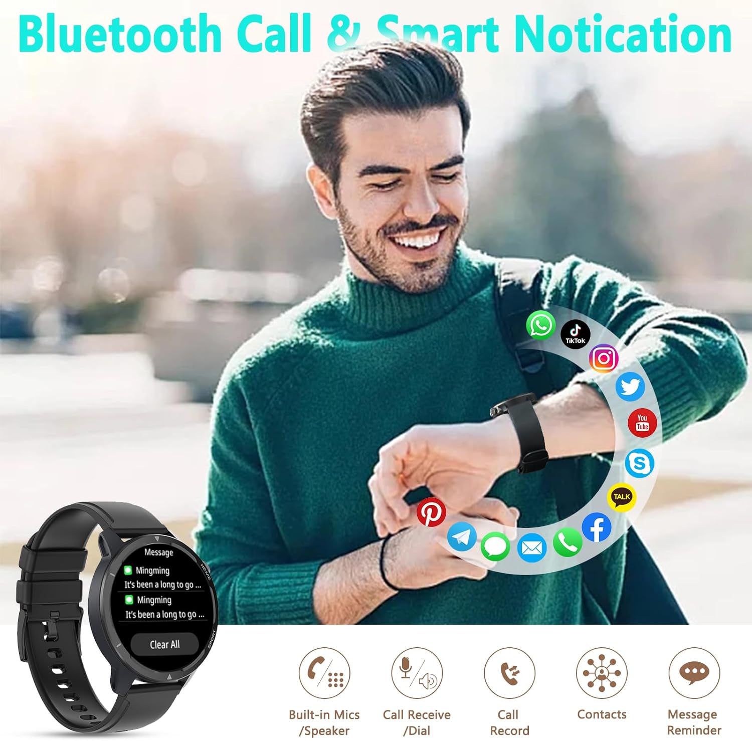 Wwzzey Reloj inteligente para hombres y mujeres (contestar llamadas), IP68 resistente al agua con podómetro, notificación de mensajes, reproductor