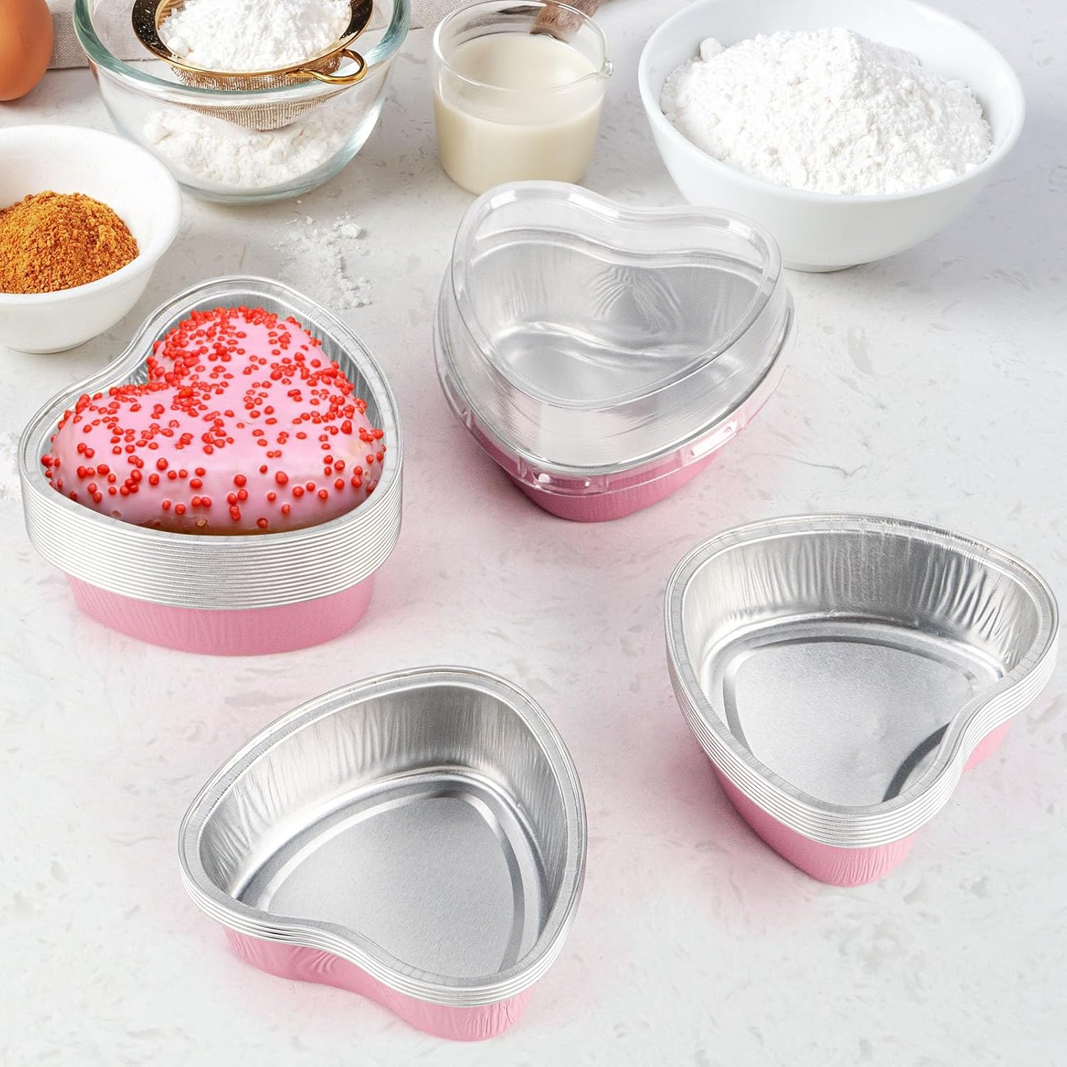 50PCS Heart Shaped Cake Pans with Lids, 3.4 Ounces 100 ml, Aluminum Foil Mini Disposable Heart Cupcake Pans for Valentine’s Day Wedding Parties –