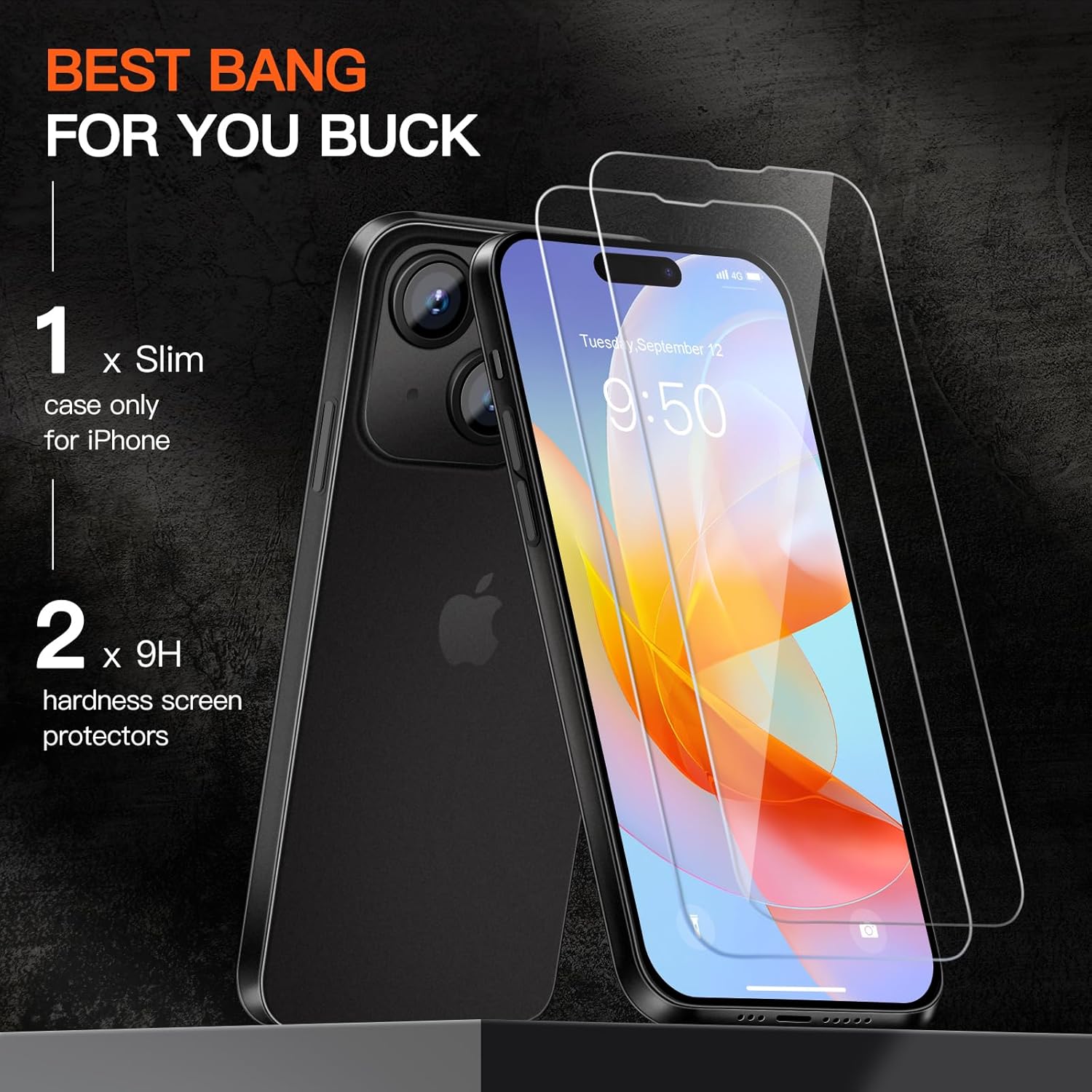 Dataroad – Funda delgada para iPhone 15 de 0.008 in, 6.1 pulgadas, con 2 protectores de pantalla de vidrio templado, translúcido que se ajusta a la