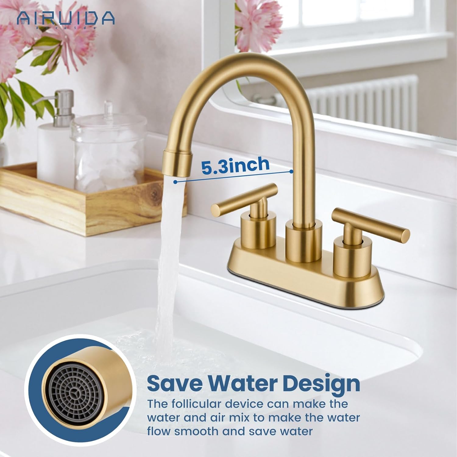 Airuida Grifo de baño central de 4 pulgadas, grifo de lavabo de baño de 2 asas, grifo de tocador de baño de dos agujeros con drenaje emergente, 2