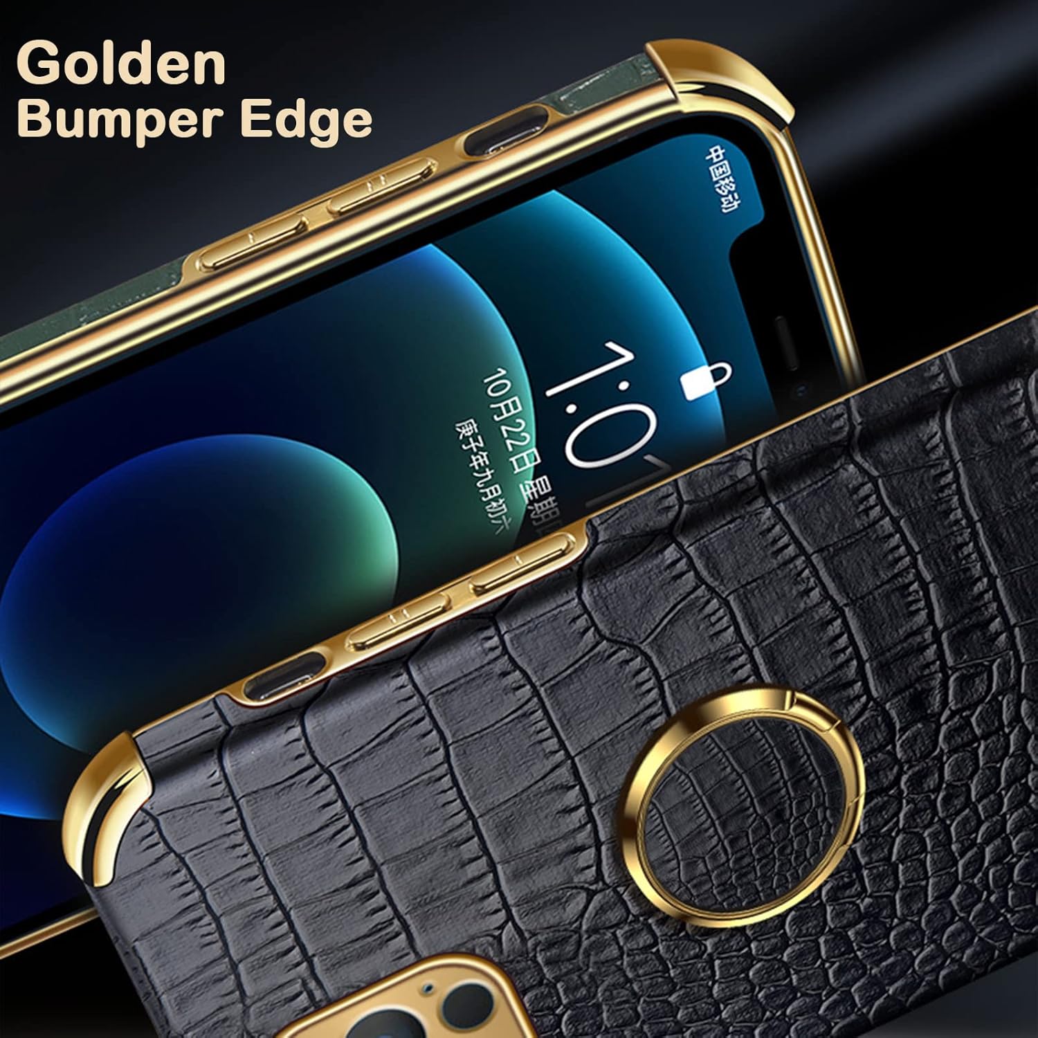 aowner Funda para iPhone 15 con soporte de anillo de 360 , funda de cuero con patrón de cocodrilo de lujo, parachoques dorado, a prueba de golpes,