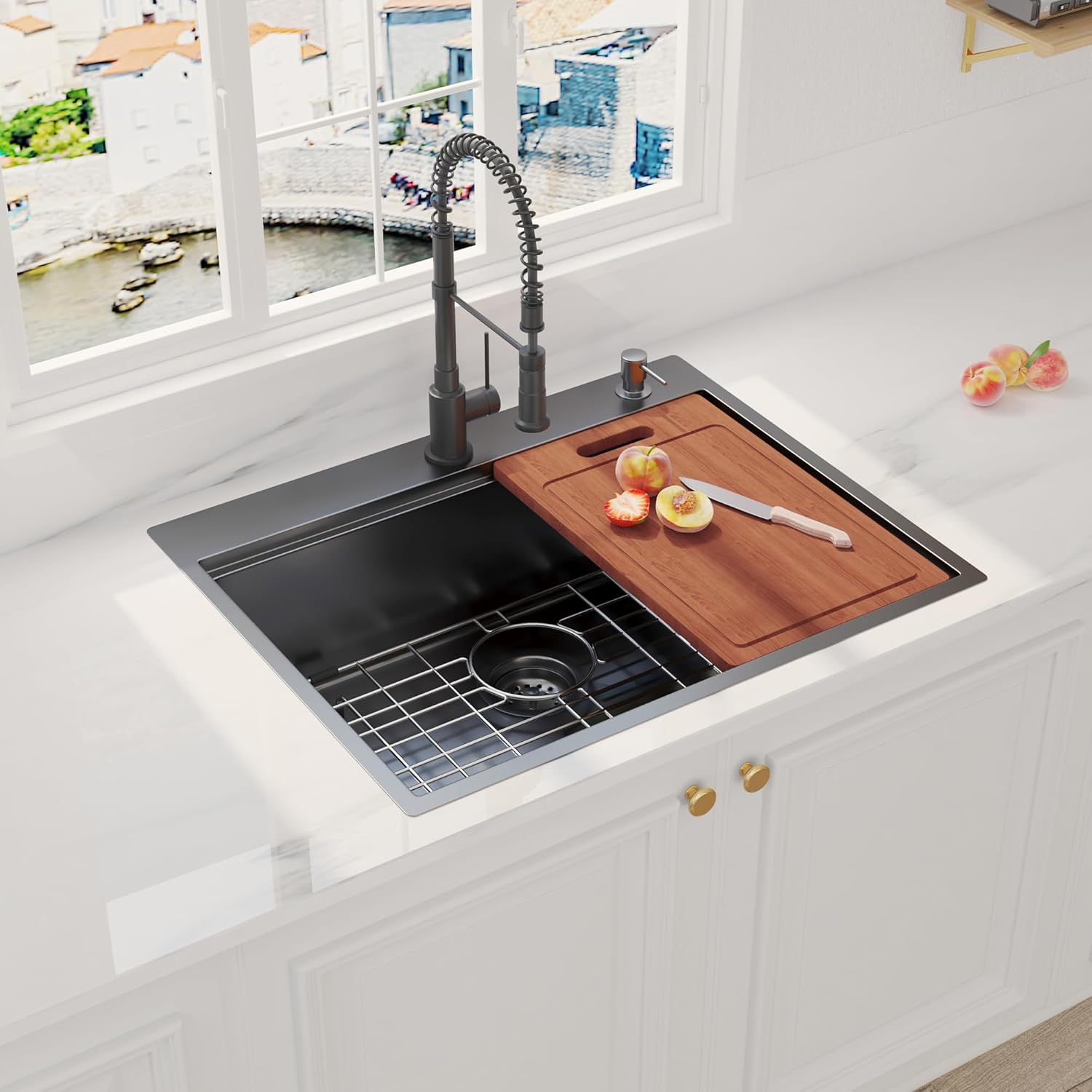 Fregadero de cocina de 28 x 22 pulgadas, fregadero con estación de trabajo, fregadero de cocina de acero inoxidable de calibre 16 con repisa y