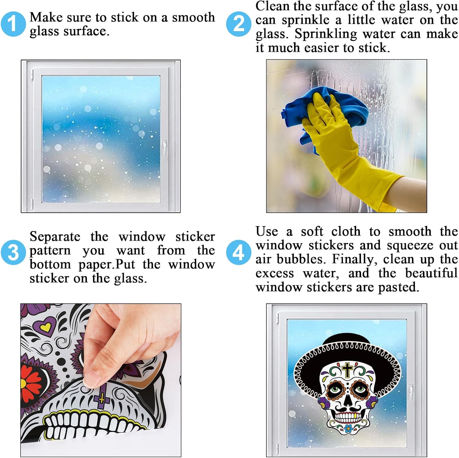 Whaline 9 hojas de calcomanías para ventana con diseño de calavera de azúcar de doble cara para Halloween, patrones de flores coloridas, calcomanías