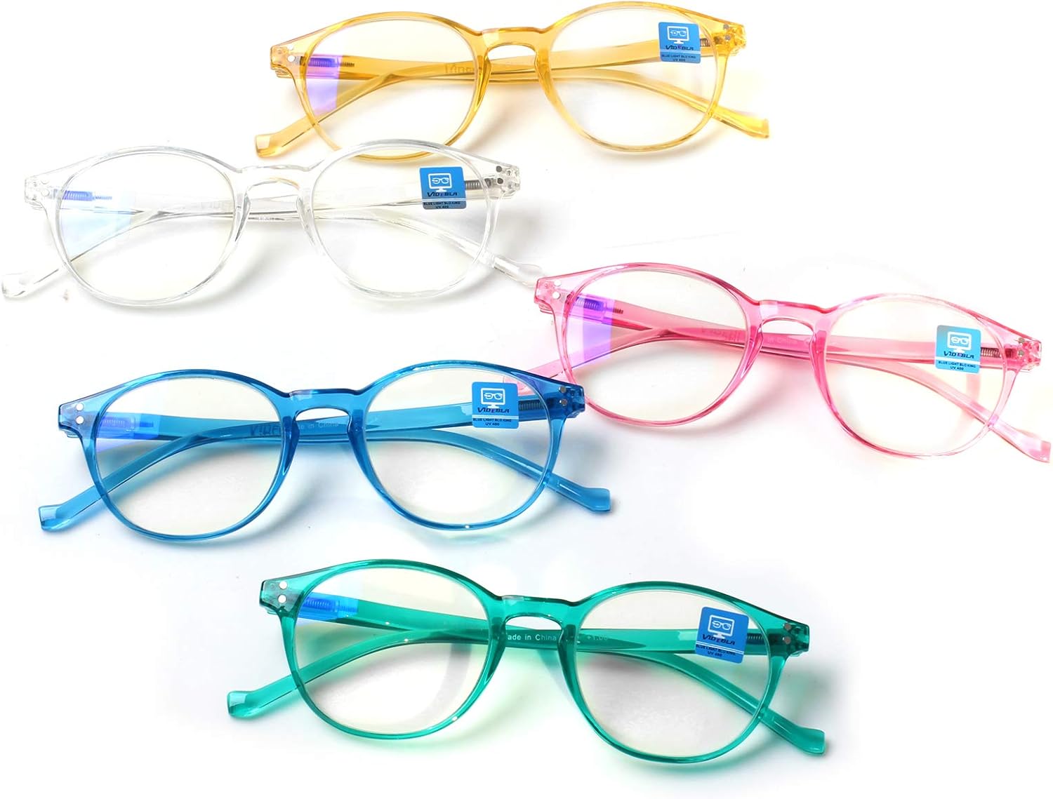 VIDEBLA Paquete de 5 lentes de lectura con bloqueo de luz azul, lectores de computadora redondos de moda para mujeres y hombres, lente transparente