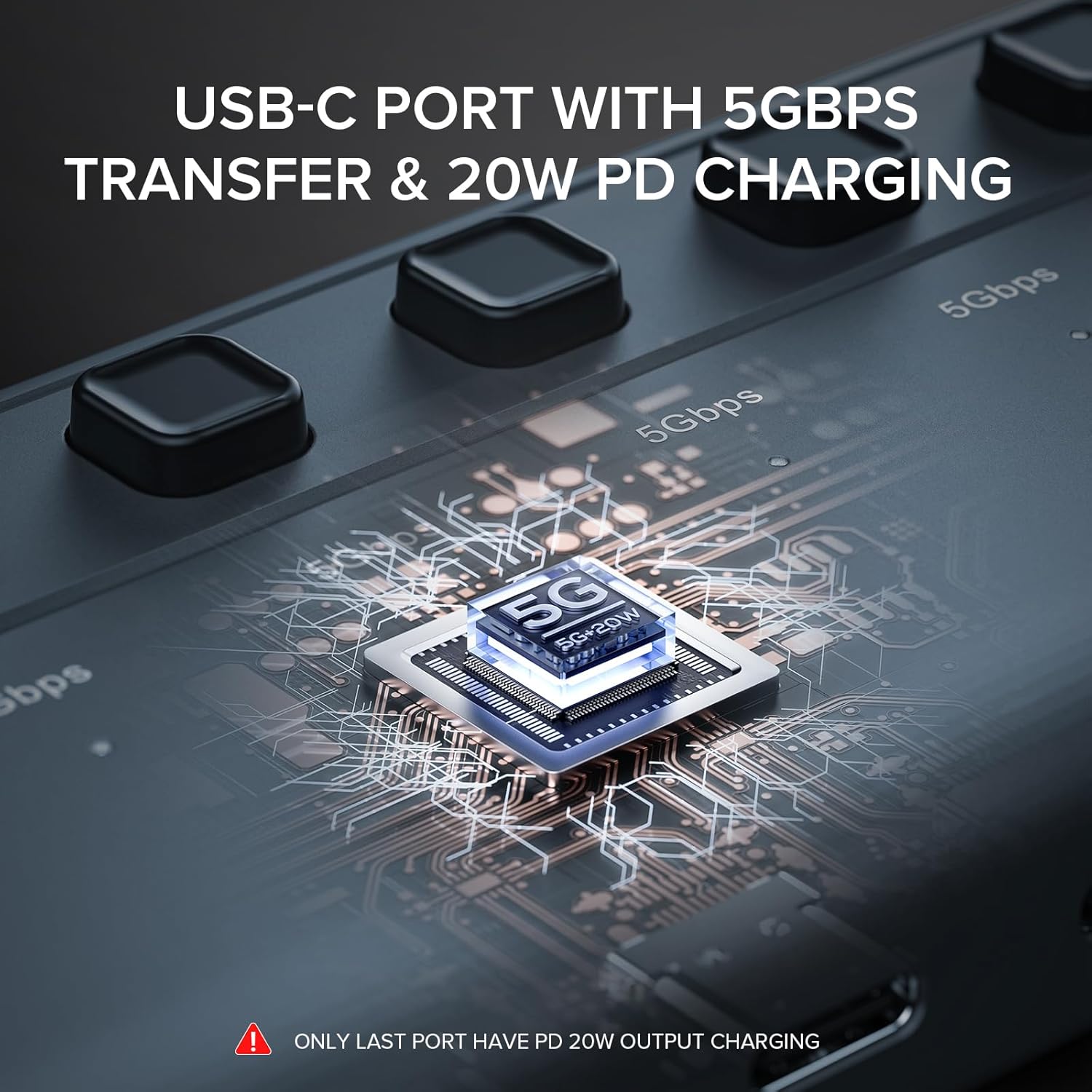 Hub USB C alimentado, 7 en 1 USB C 3.2 Gen1 HUB 36W con último puerto de carga de salida PD20W, divisor USB de aluminio e interruptores individuales