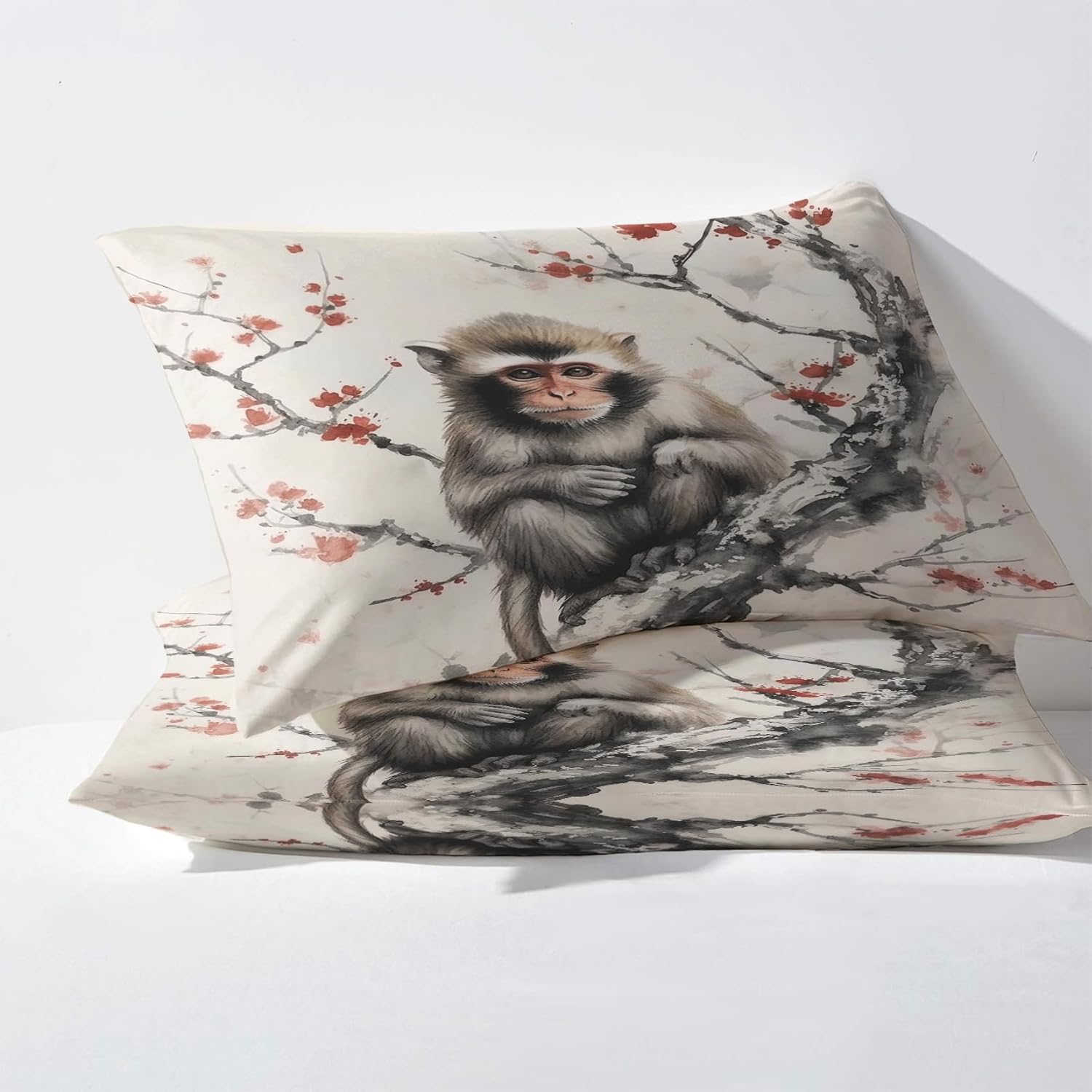 Sábanas de mono, tamaño King, sábanas de cama con estampado de flor de cerezo, sábanas y fundas de almohada de 4 piezas, sábana bajera ajustable de