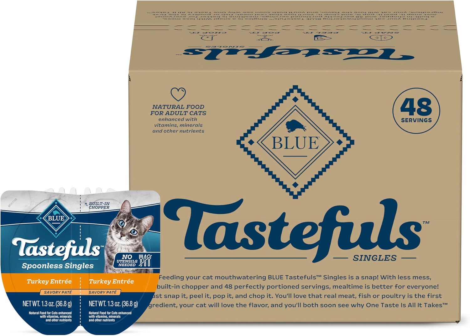 Blue Buffalo Tastefuls Spoonless Singles – Alimento húmedo para gatos adultos, plato principal de pavo, tazas perfectamente porcionadas en (24)