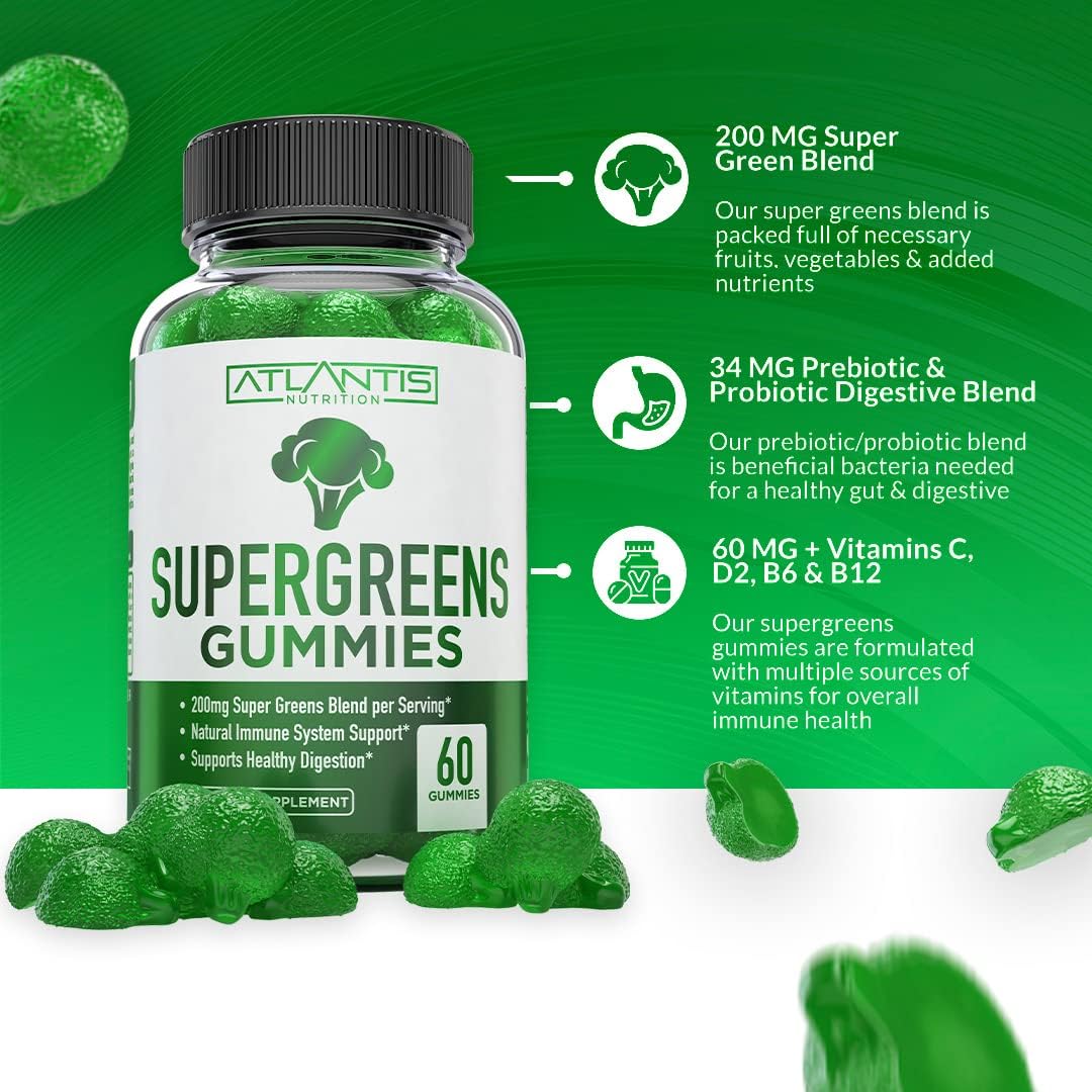 Atlantis Nutrition Supergreens 60 gomitas + refuerzo de testosterona paquete de 2 (120 gomitas)