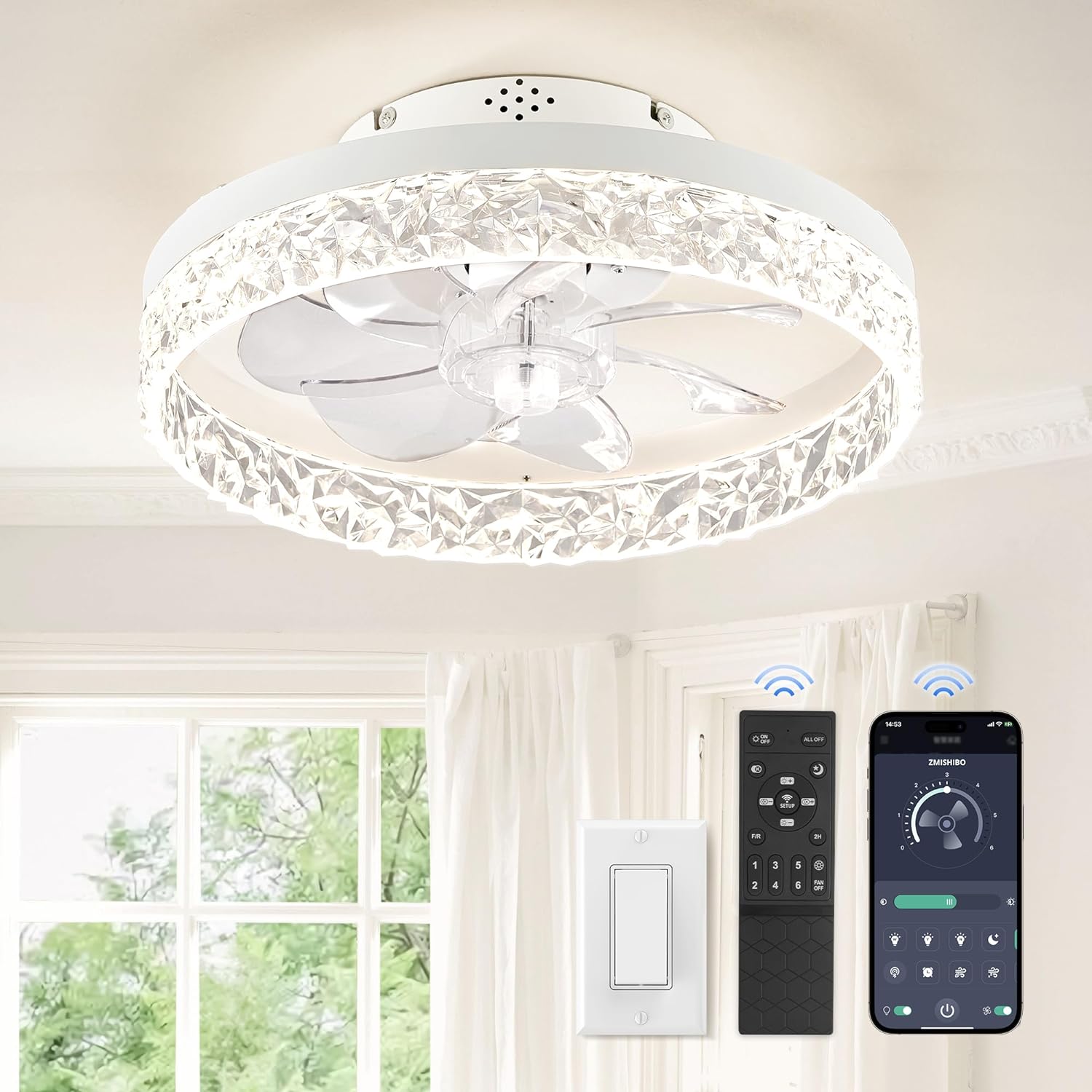 ZMISHIBO Ventiladores de techo con luces, ventilador de techo de perfil bajo con luz y control remoto, ventilador de techo empotrado, reversible,