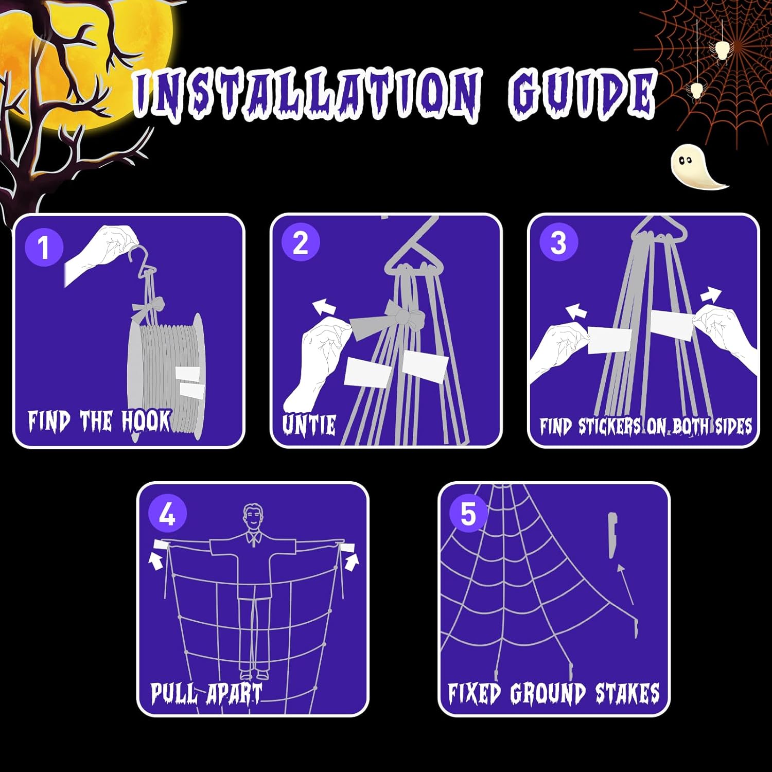 Vanthylit Decoraciones de Halloween para exteriores, luces gigantes de telaraña de 16 x 15 pies con 135 luces LED moradas iluminadas para fiestas,