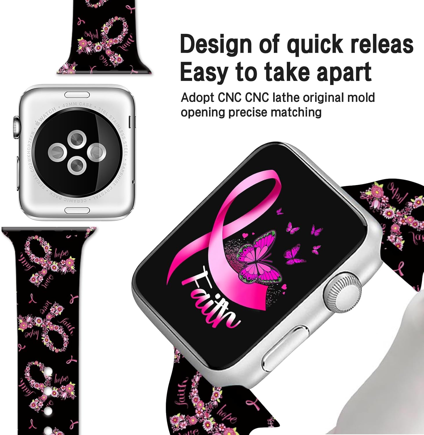 Correas de reloj de concientización sobre el cáncer de mama compatibles con Apple Watch de 1.496 pulgadas, 1.575 pulgadas, 1.614 pulgadas, 1.654