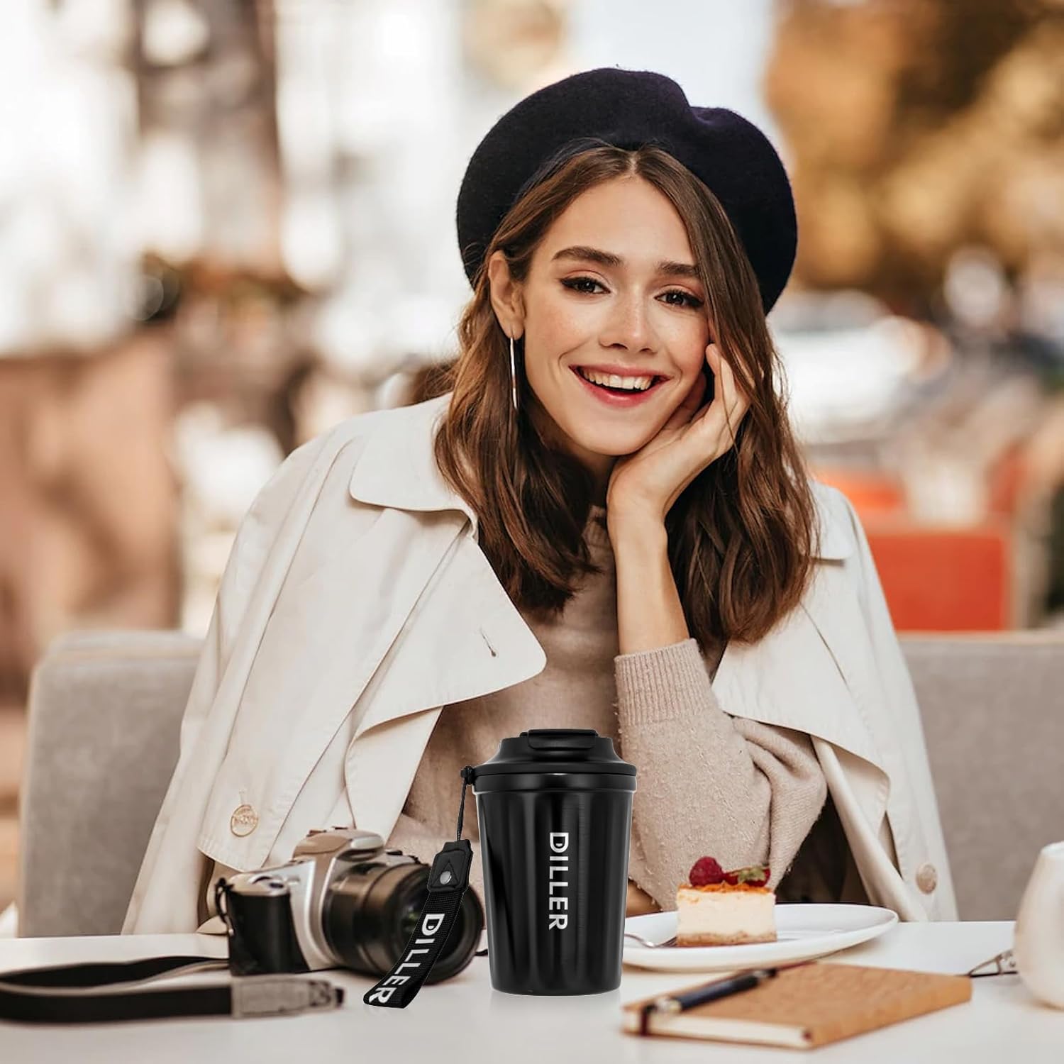 Diller Botella de agua aislada, taza de café aislada al vacío de 12 onzas con tapa, botella de agua térmica portátil de acero inoxidable para
